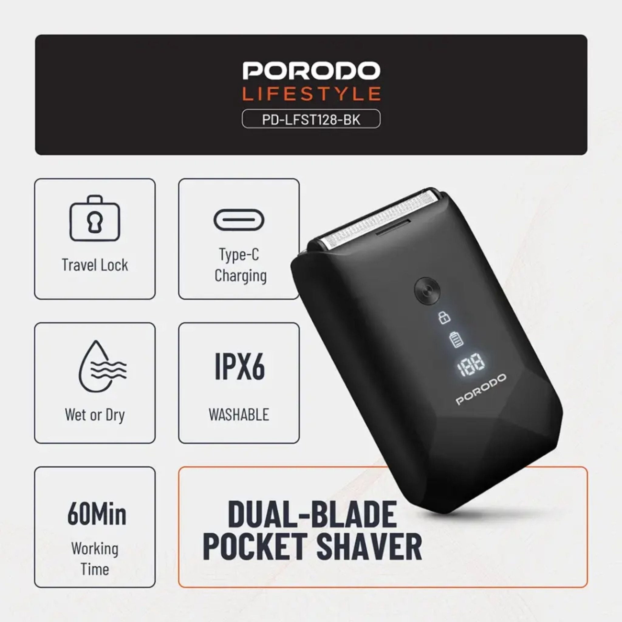 Porodo Lifestyle Dual-Blade Pocket Shaver - Black