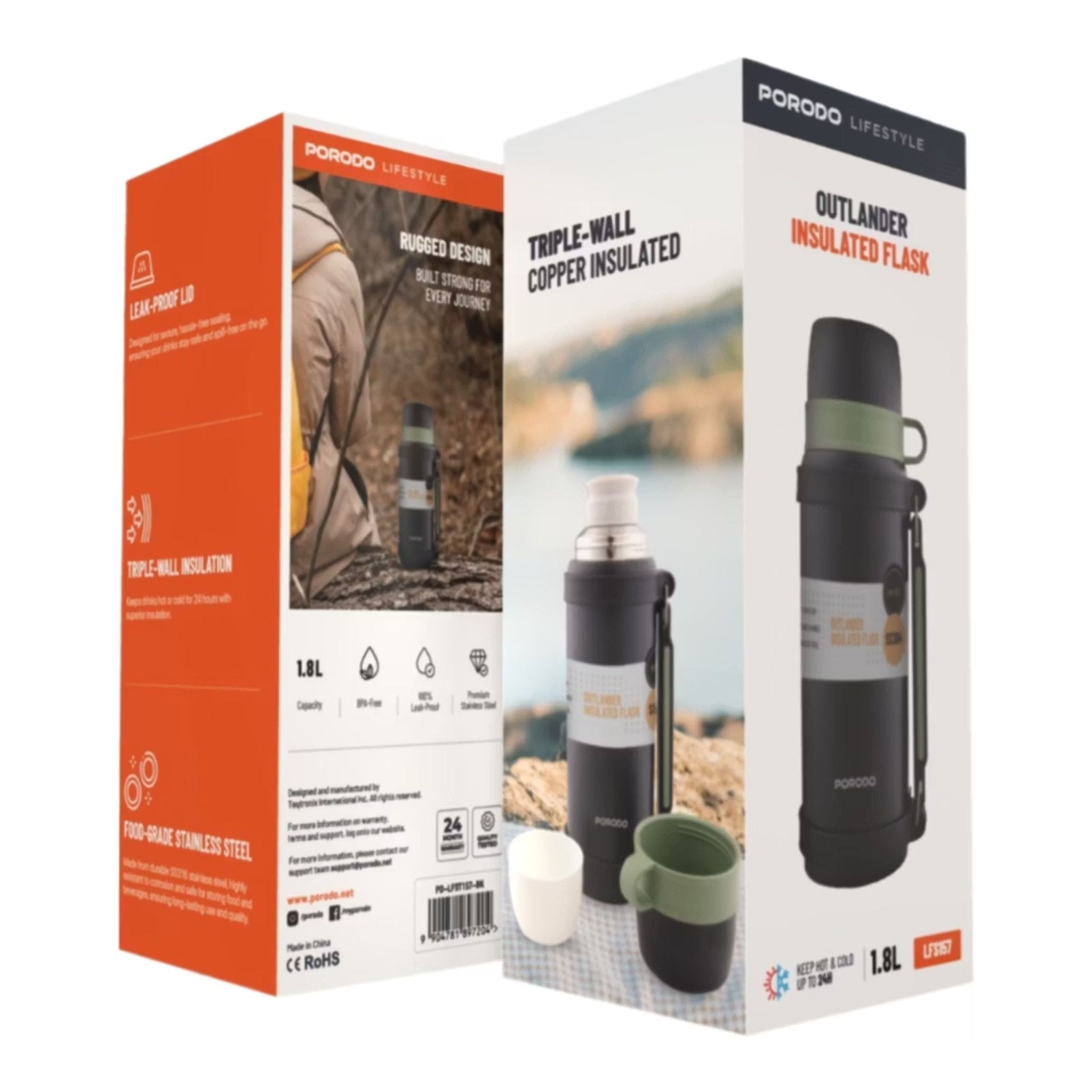 Porodo Lifestyle Outlander Insulation Flask 1.8L - Black