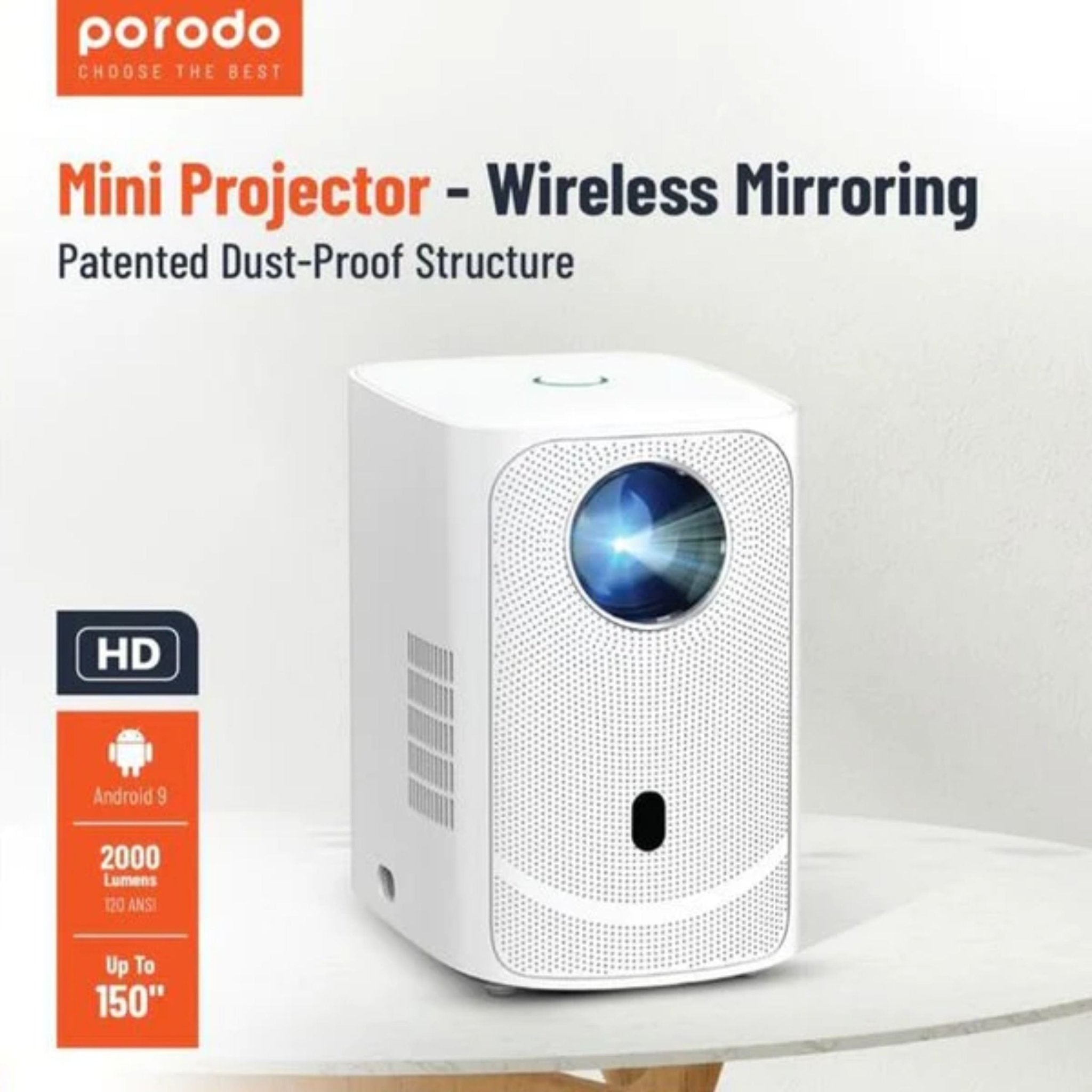 Porodo Mini Projector Wireless Mirroring Patented Dust-Proof Structure - White