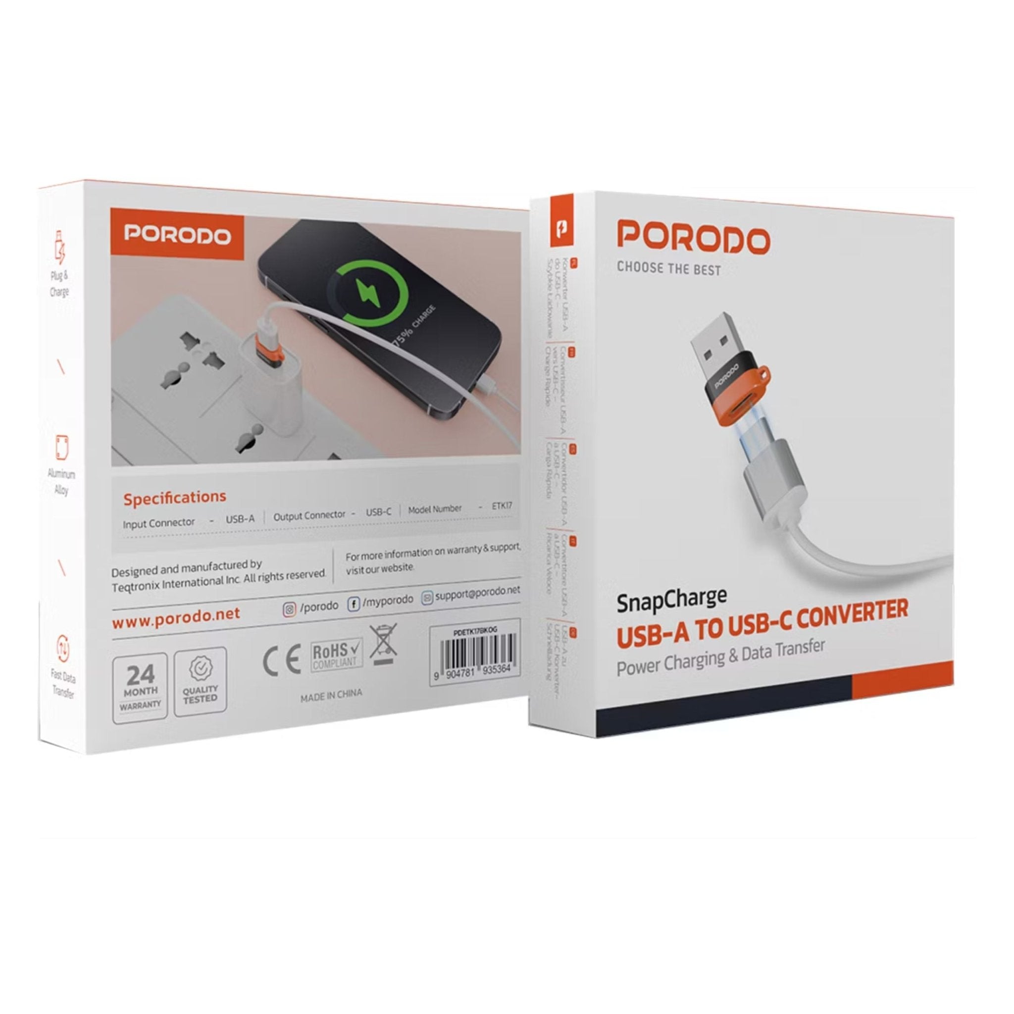 Porodo USB-A to USB-C Convertor - Black Orange