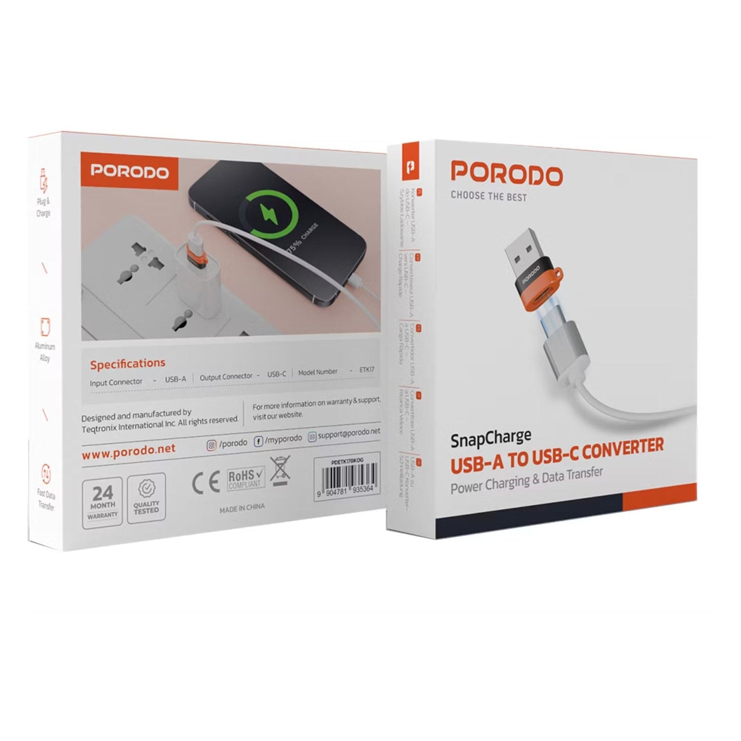 Porodo USB-A to USB-C Convertor - Black Orange