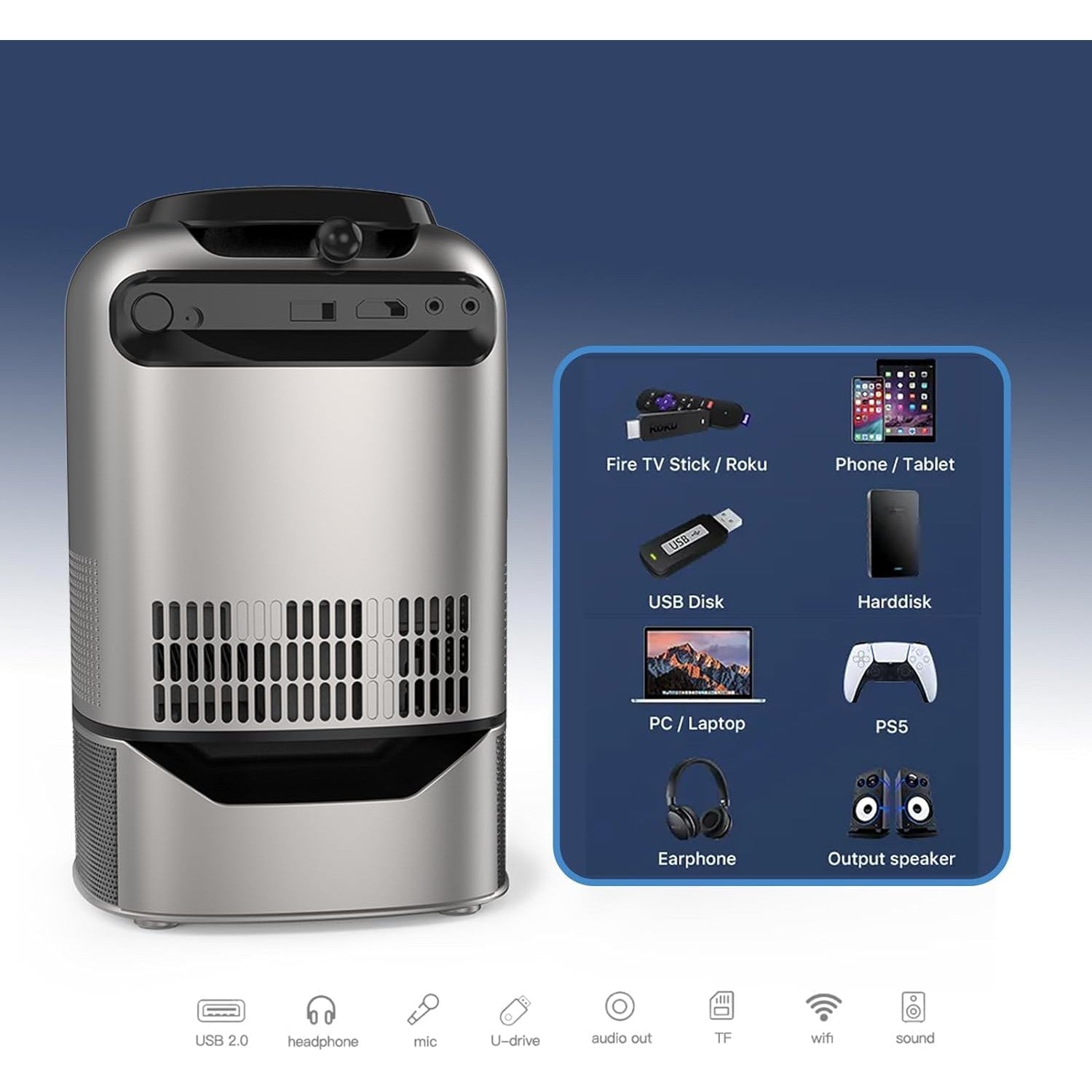 Portable Intelligent Projector WiFi Support 1080p 28.2Inch - Gray