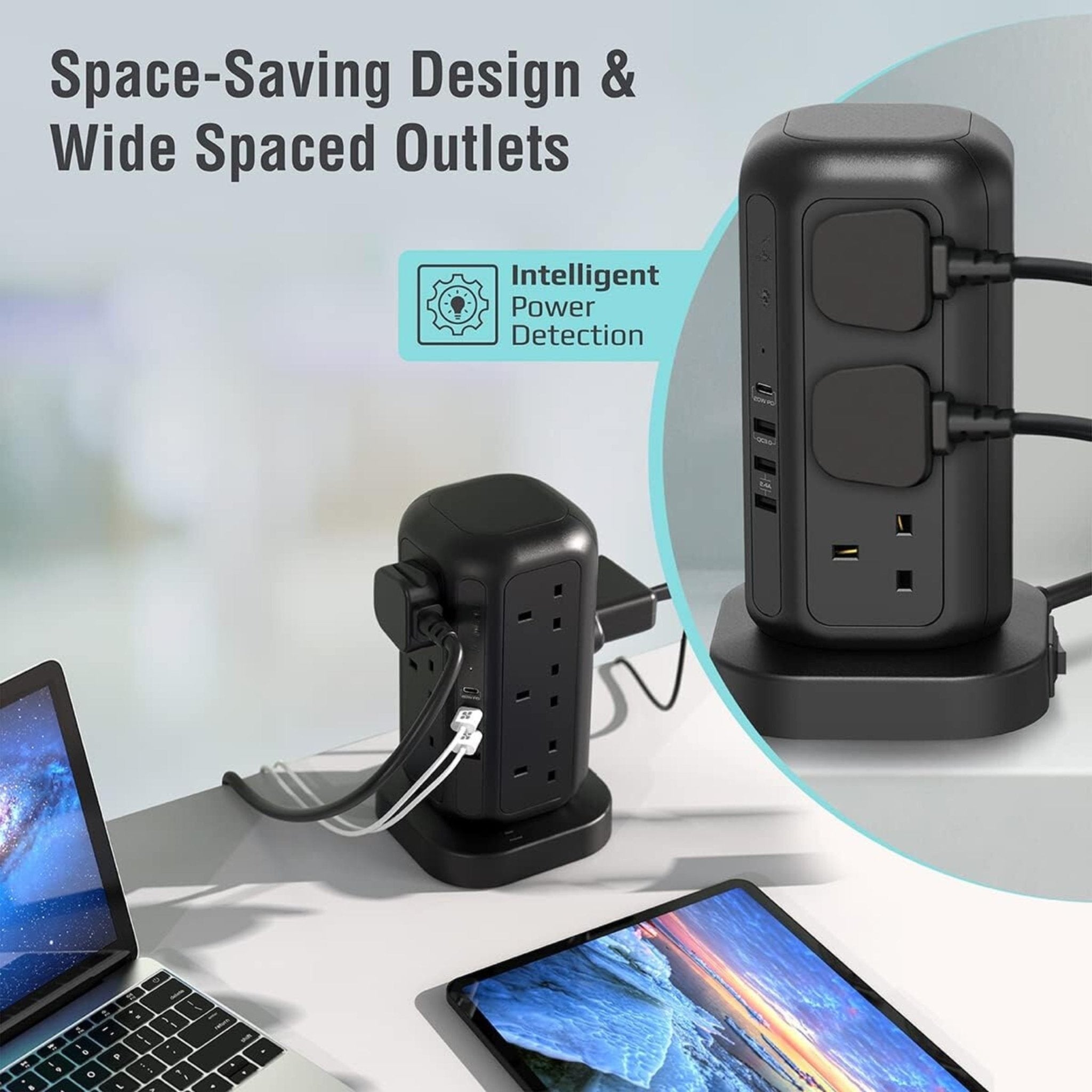 Powerology 12 Socket Multi-Port Tower Hub PD 45W 3250W 3M - Black