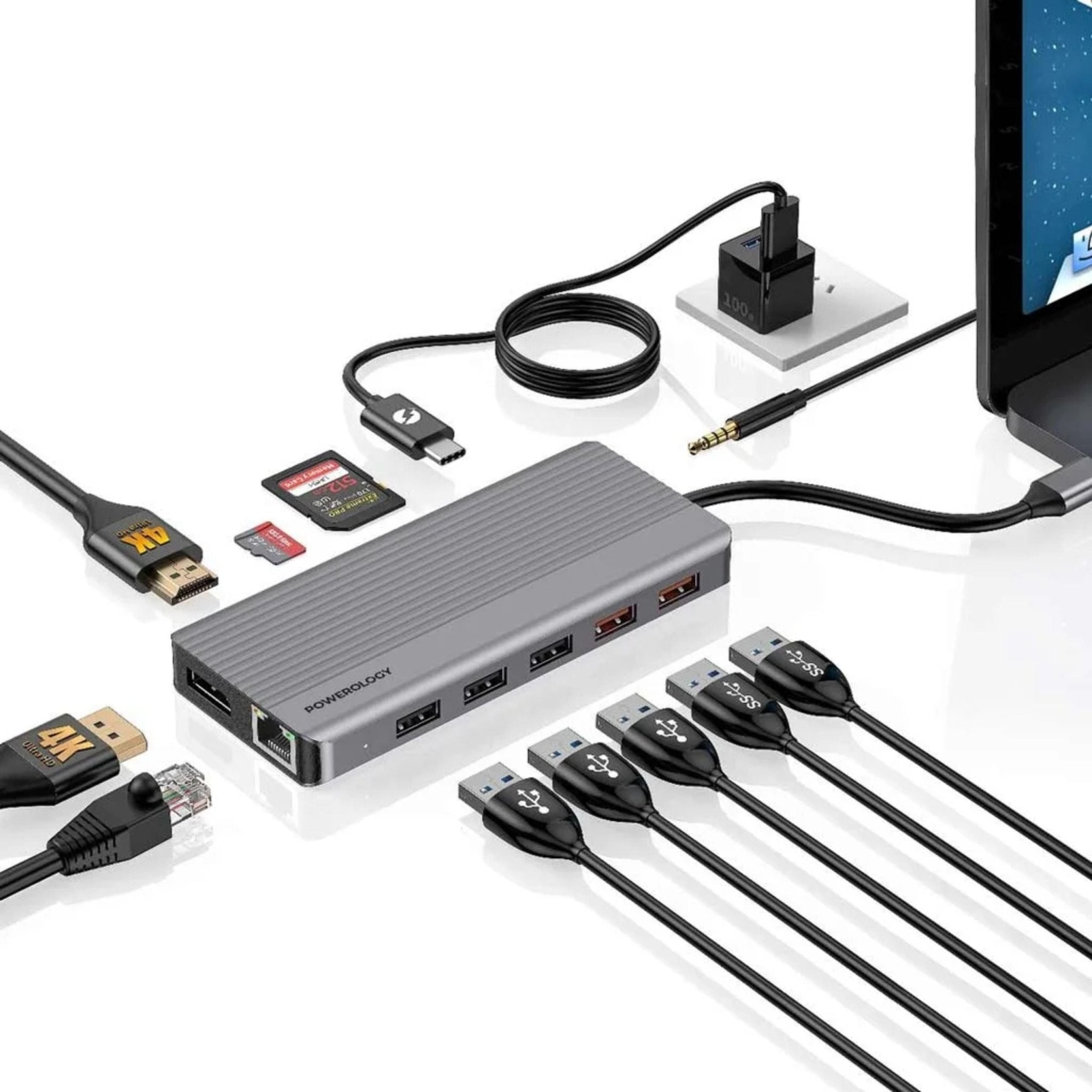 Powerology 12in1 USB-C Hub HDMI Type-C PD 100W Ethernet VGA USB SD MicroSD 3.5Aux - Gray