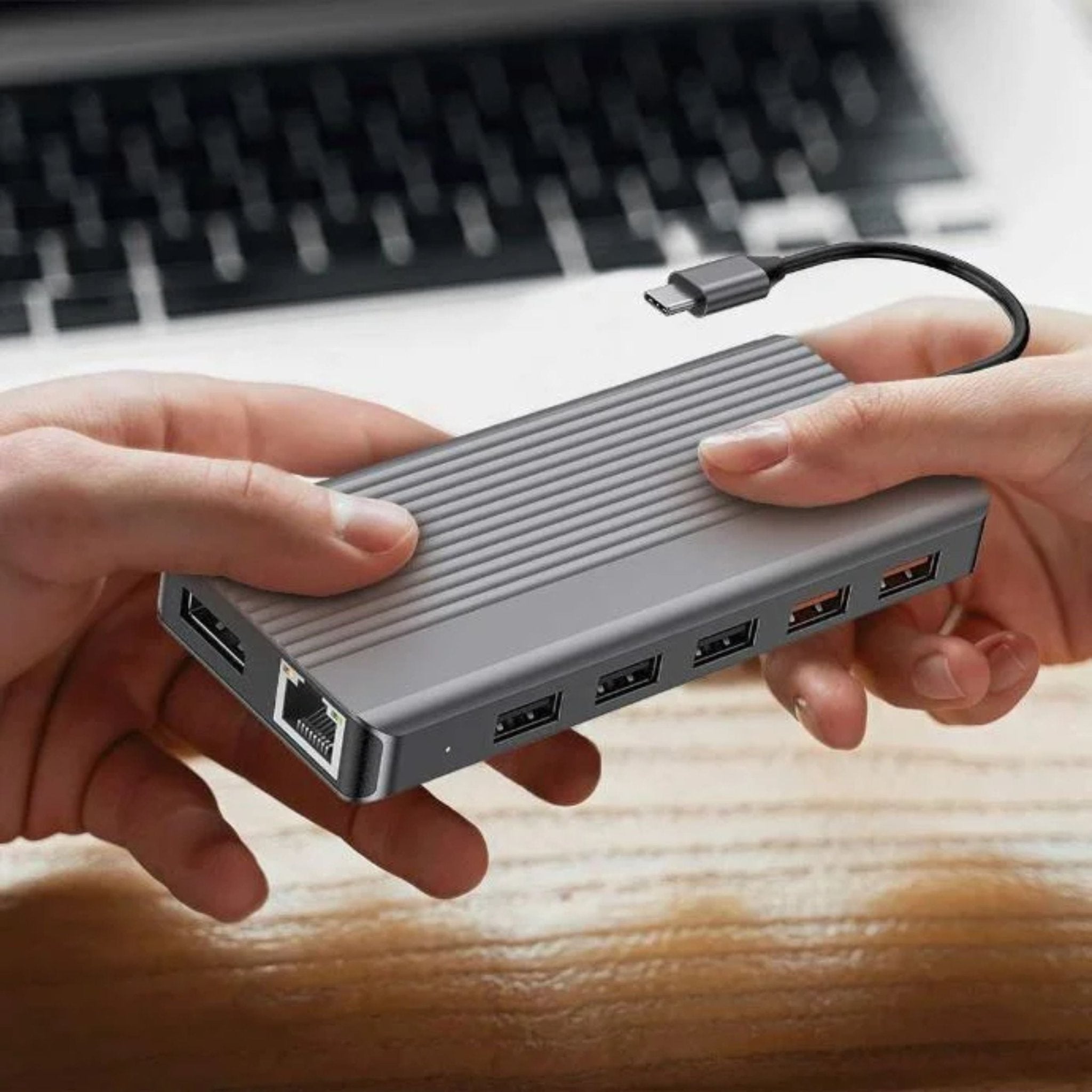 Powerology 12in1 USB-C Hub HDMI Type-C PD 100W Ethernet VGA USB SD MicroSD 3.5Aux - Gray
