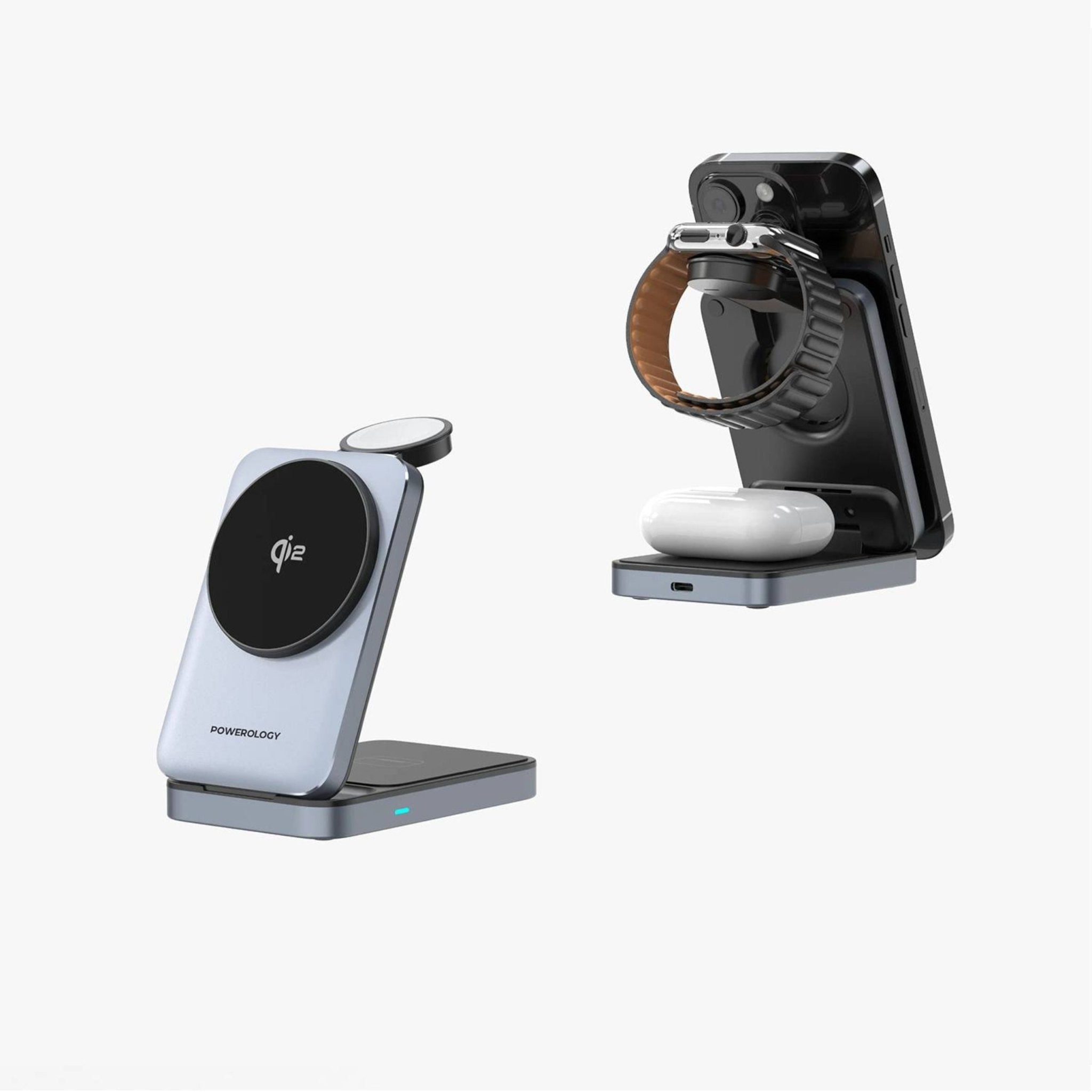 Powerology 3-in-1 Foldable Wireless Magnetic Qi2 Fast Charging Hub - Black