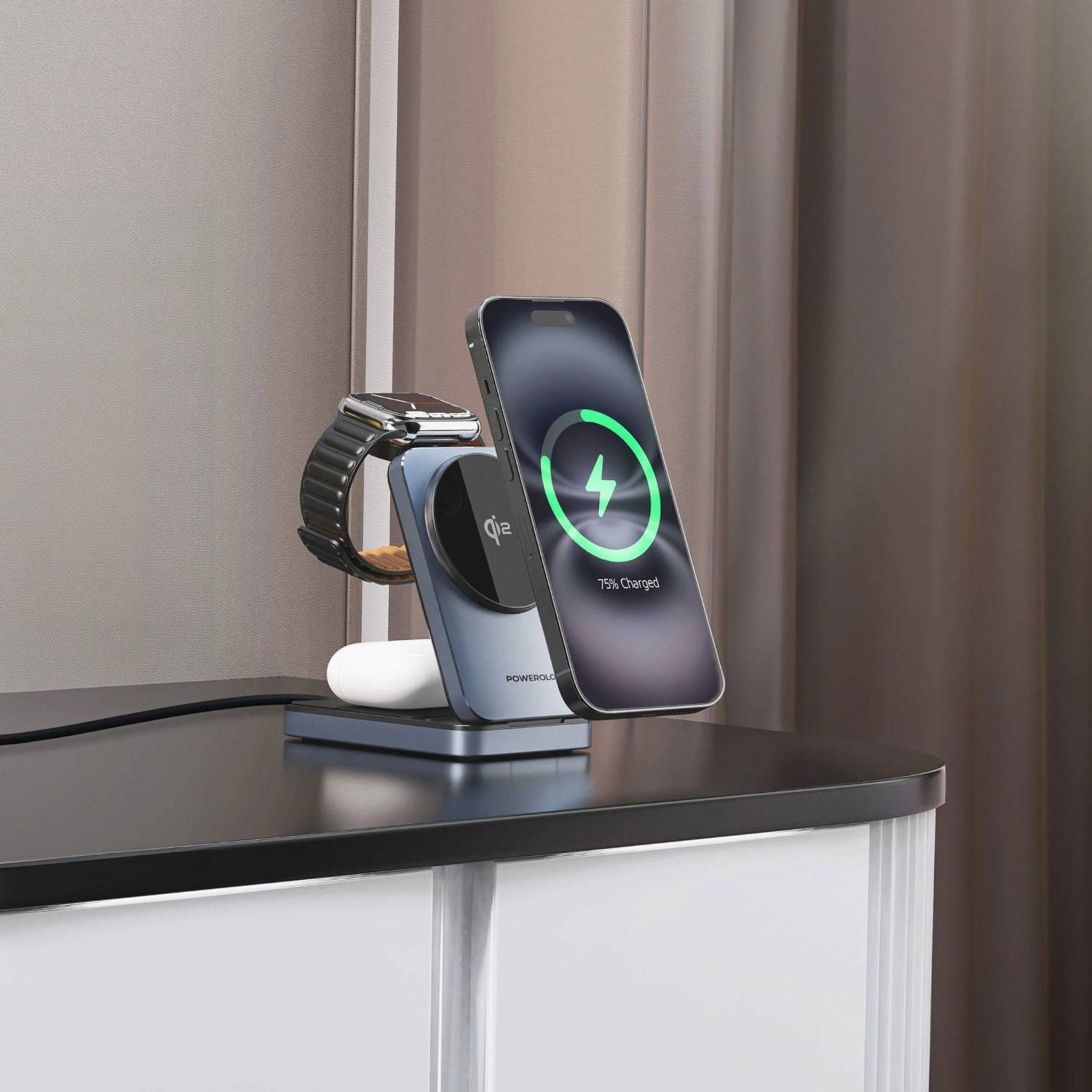 Powerology 3-in-1 Foldable Wireless Magnetic Qi2 Fast Charging Hub - Black