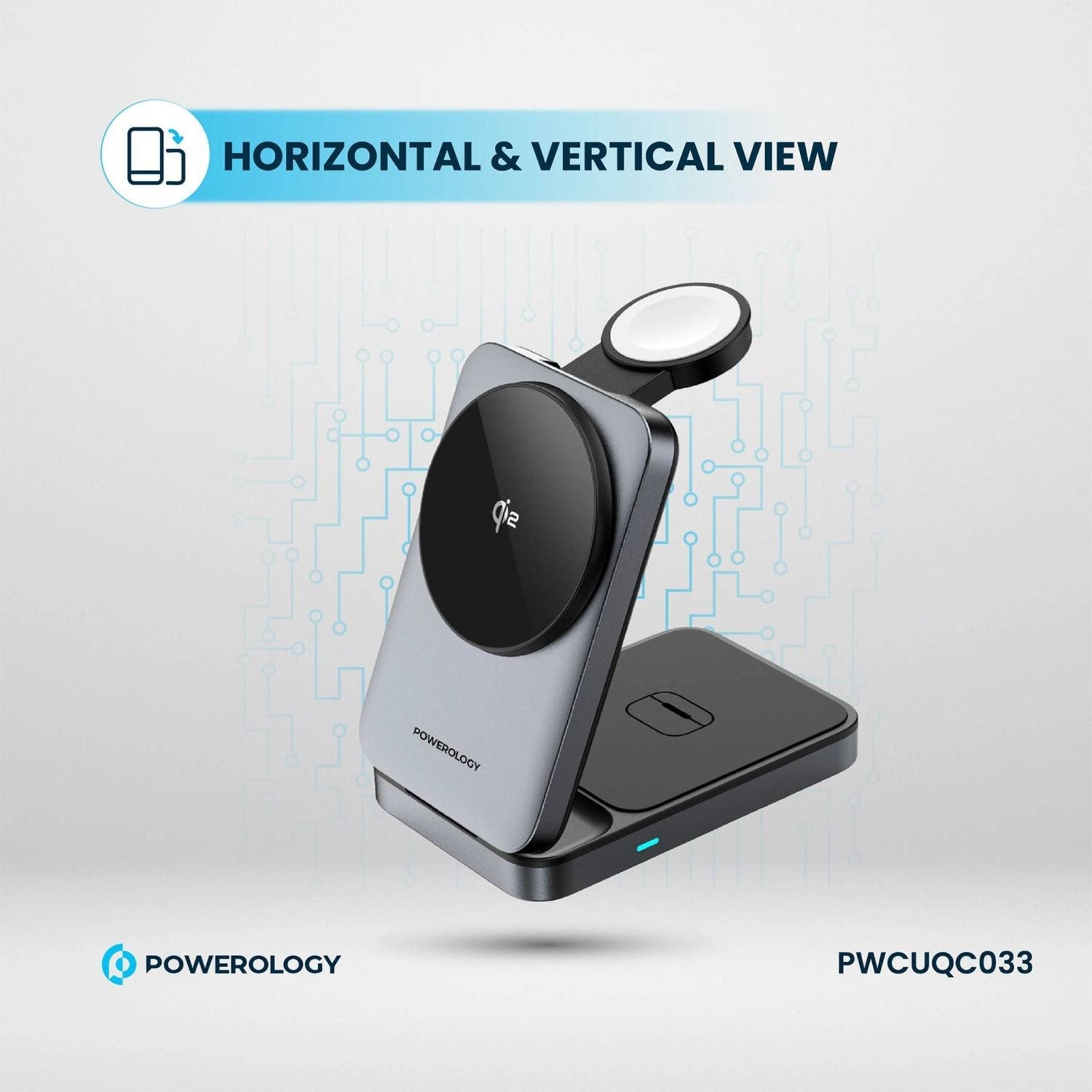 Powerology 3-in-1 Foldable Wireless Magnetic Qi2 Fast Charging Hub - Black