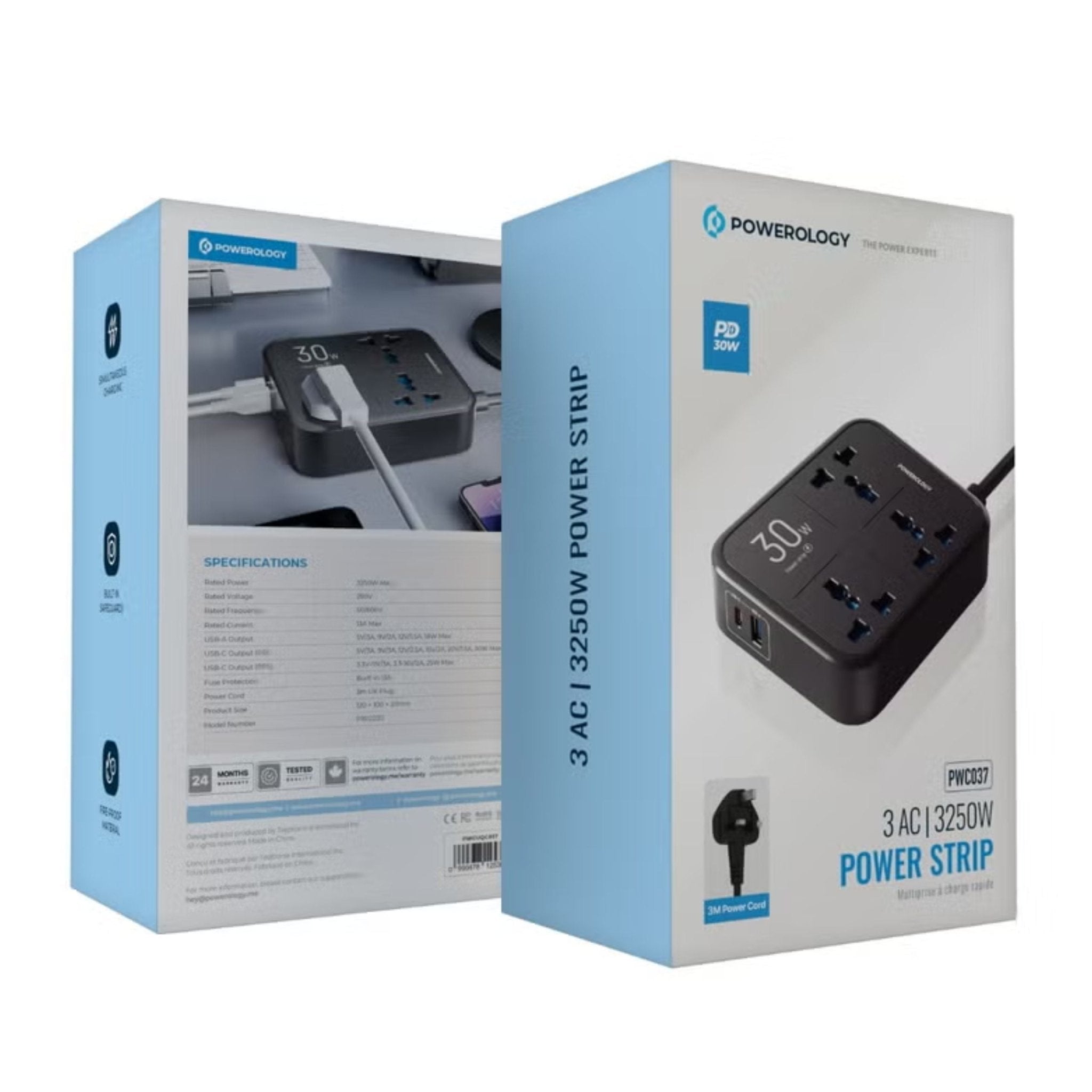 Powerology 3250W 3AC PD 30W Power Strip 3M - Black