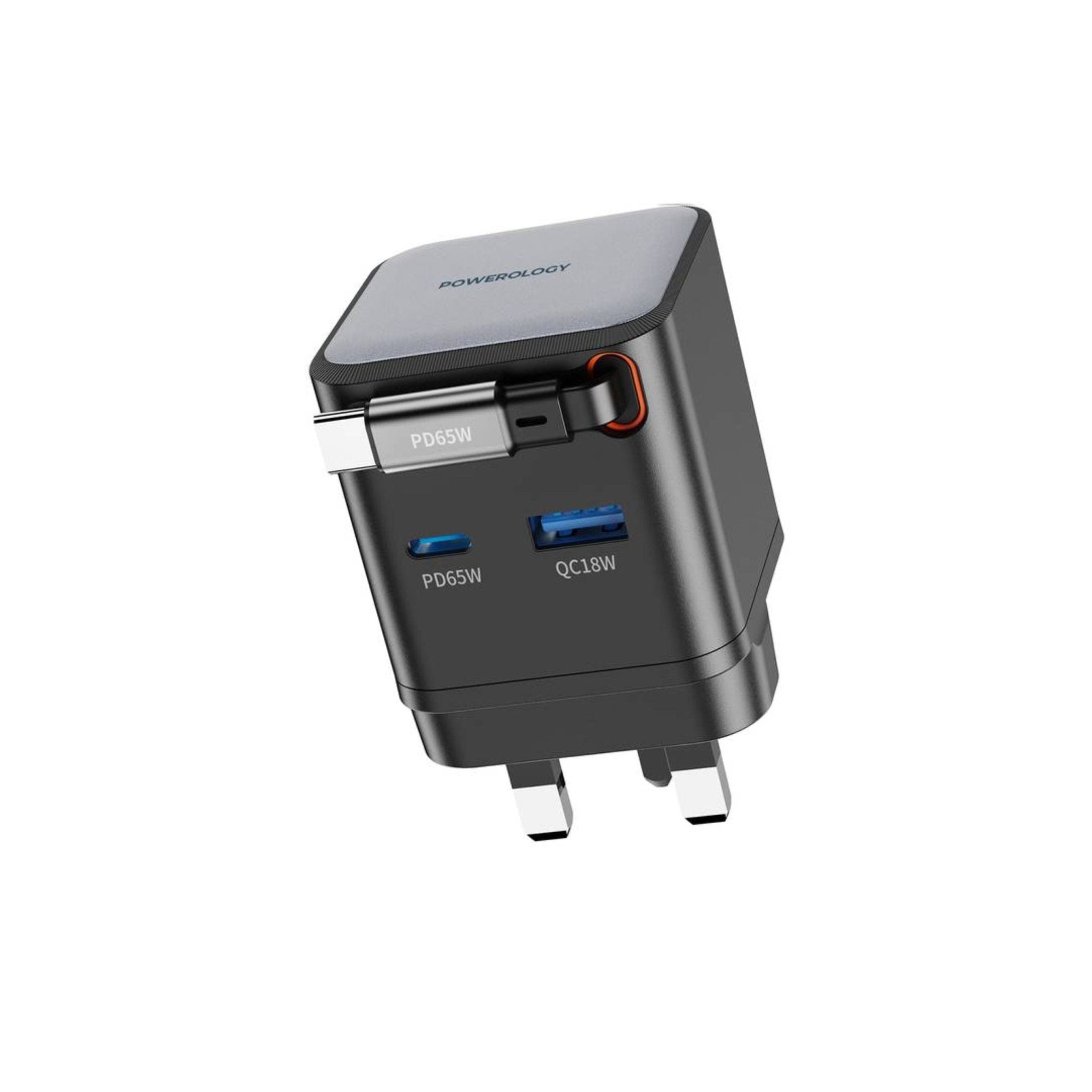 Powerology Dual Port Retractable Type - C Cable GaN Charger, 3 Output 65W - White