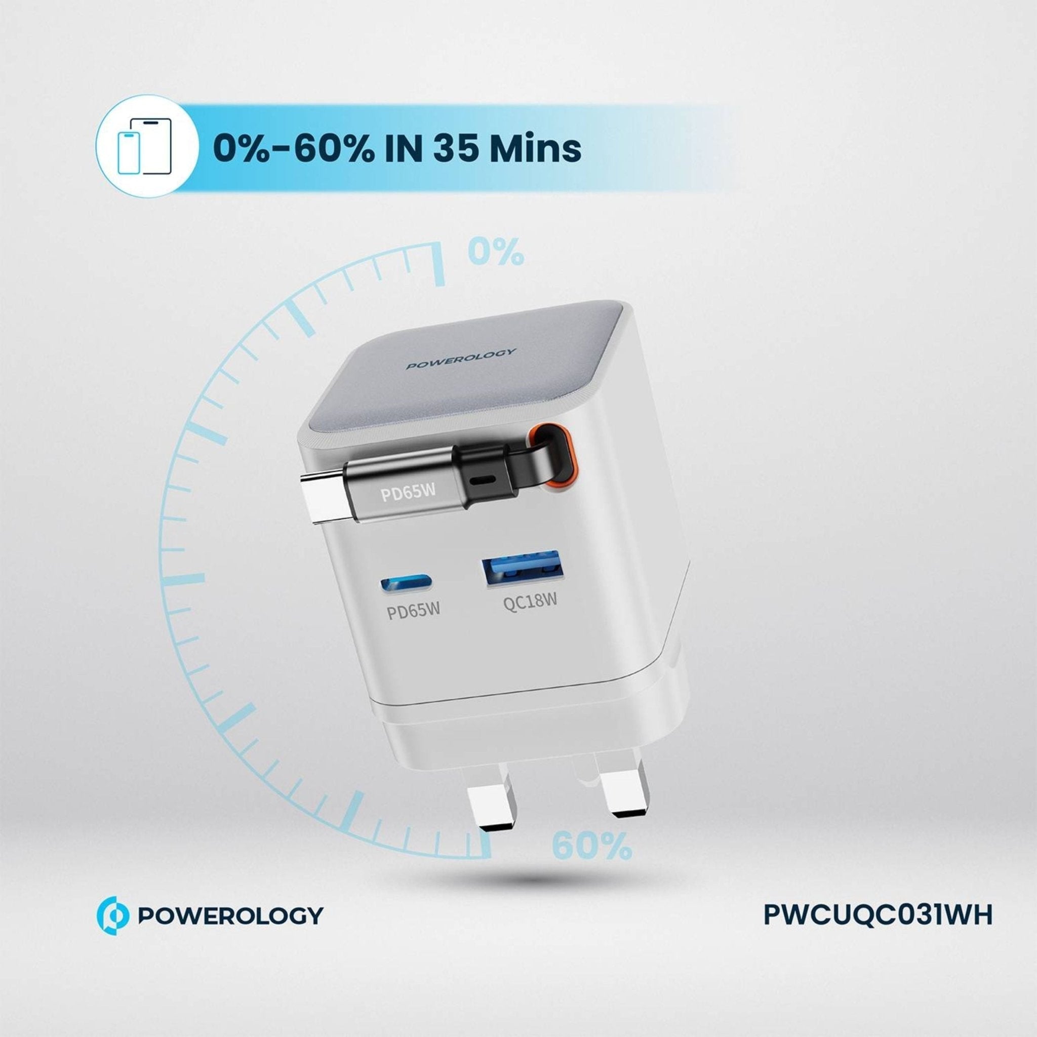 Powerology Dual Port Retractable Type - C Cable GaN Charger, 3 Output 65W - White