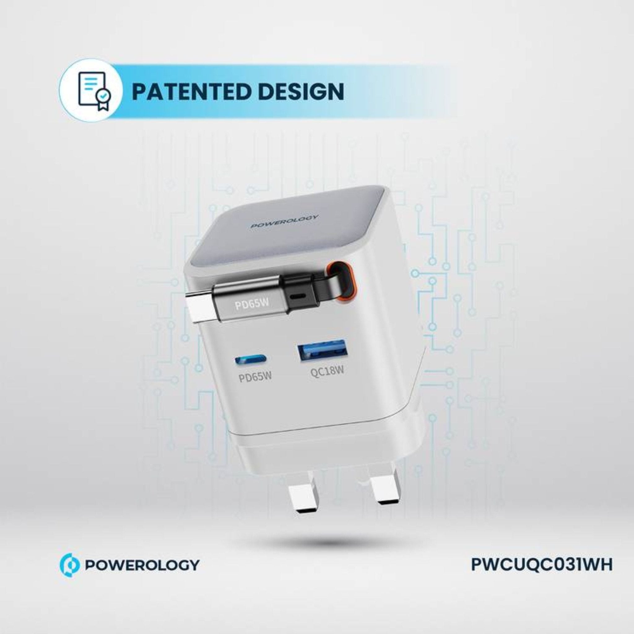 Powerology Dual Port Retractable Type - C Cable GaN Charger, 3 Output 65W - White