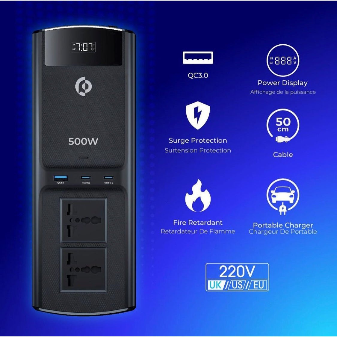 Powerology Universal Multi-Port Car Inverter 500W - Black