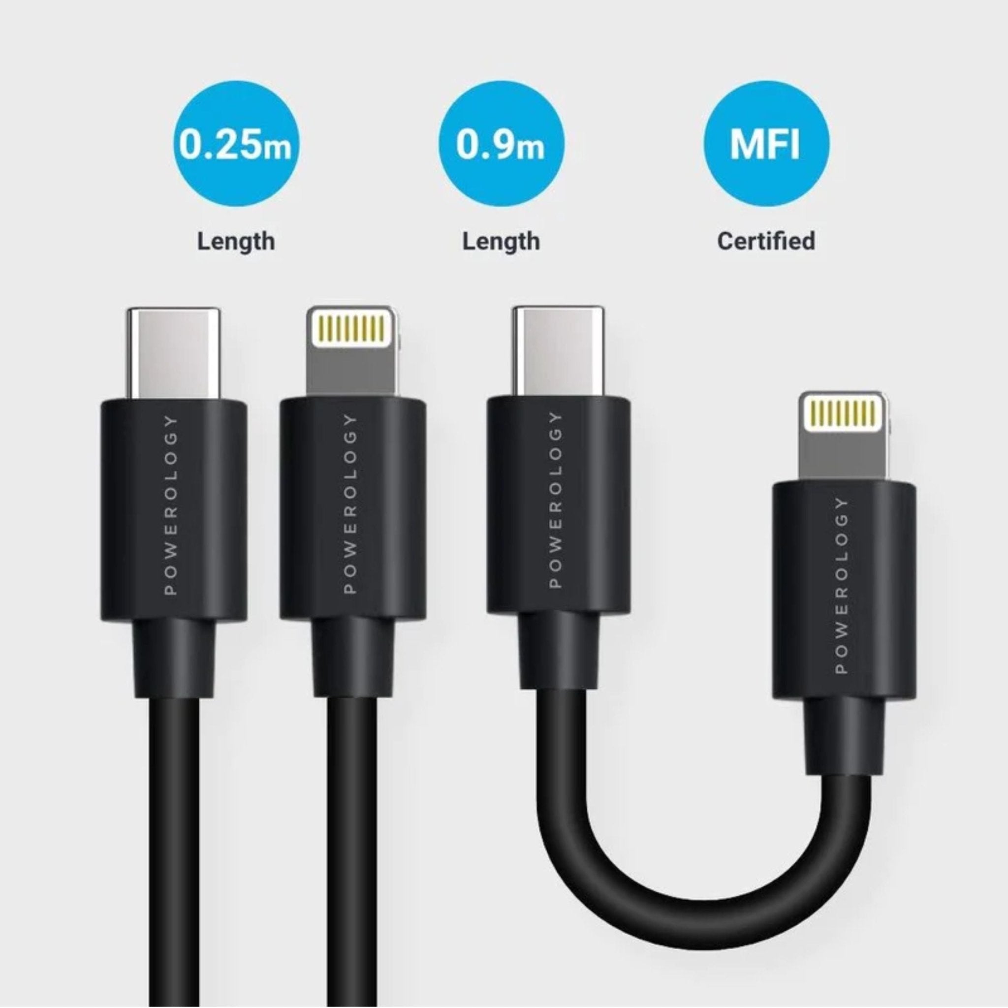 Powerology Usb-C To Lightning Cable 0.9m/3Ft and 0.25m/0.8Ft Combo
