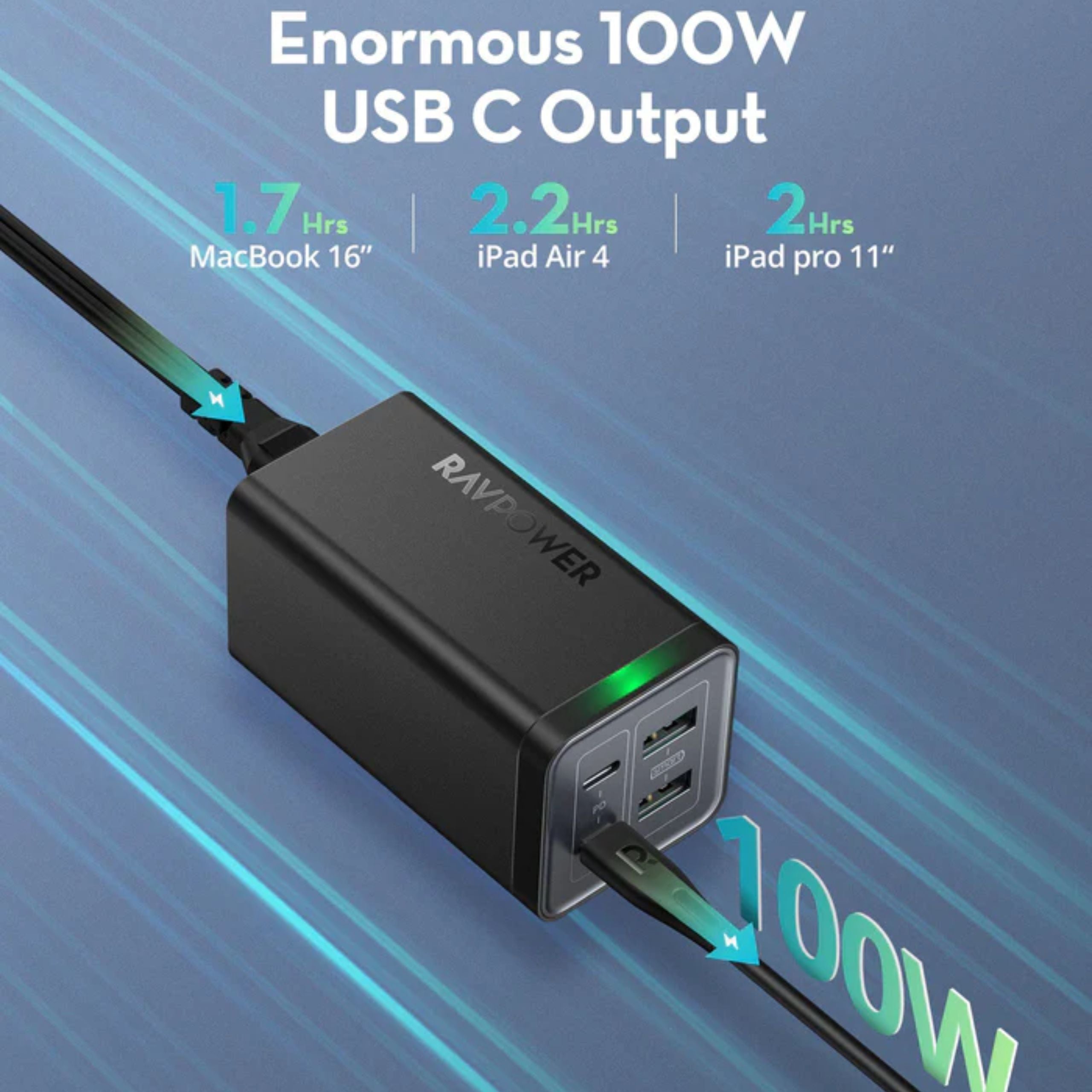 RAVPower 120W 4-Port Desktop Charger With 100W USB C to USB C Cable - Black