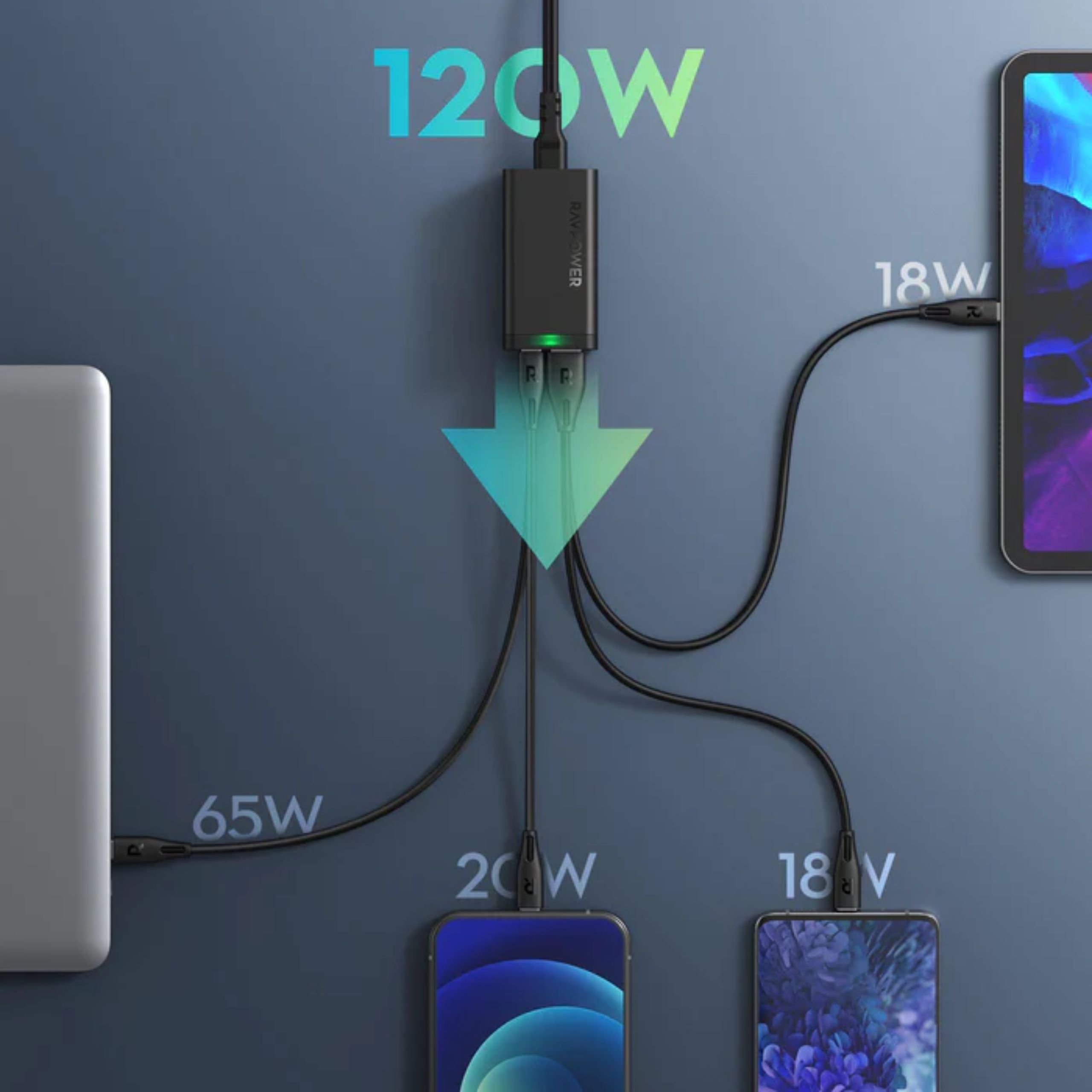 RAVPower 120W 4-Port Desktop Charger With 100W USB C to USB C Cable - Black
