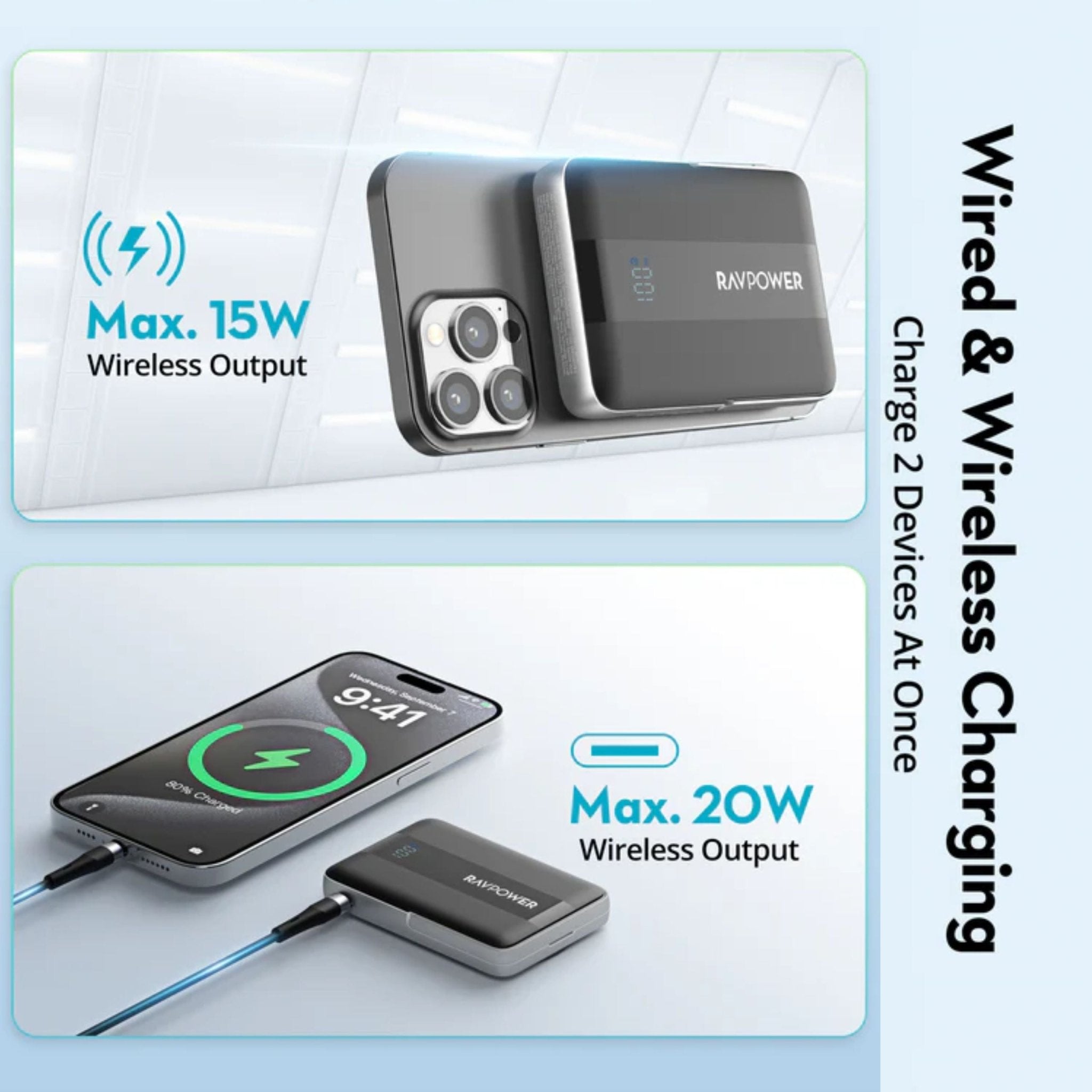 RAVPower 15W 10000mAh MagSafe Wireless Charging Power Bank with Type-C Port Stand - Black