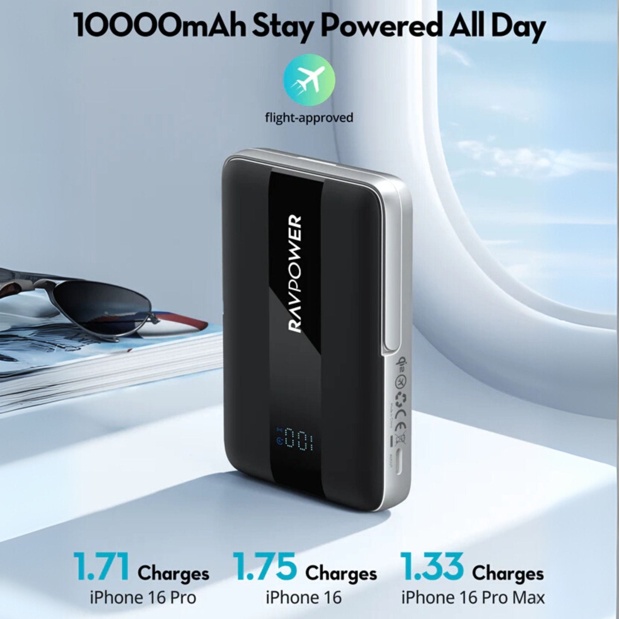 RAVPower 15W 10000mAh MagSafe Wireless Charging Power Bank with Type-C Port Stand - Black