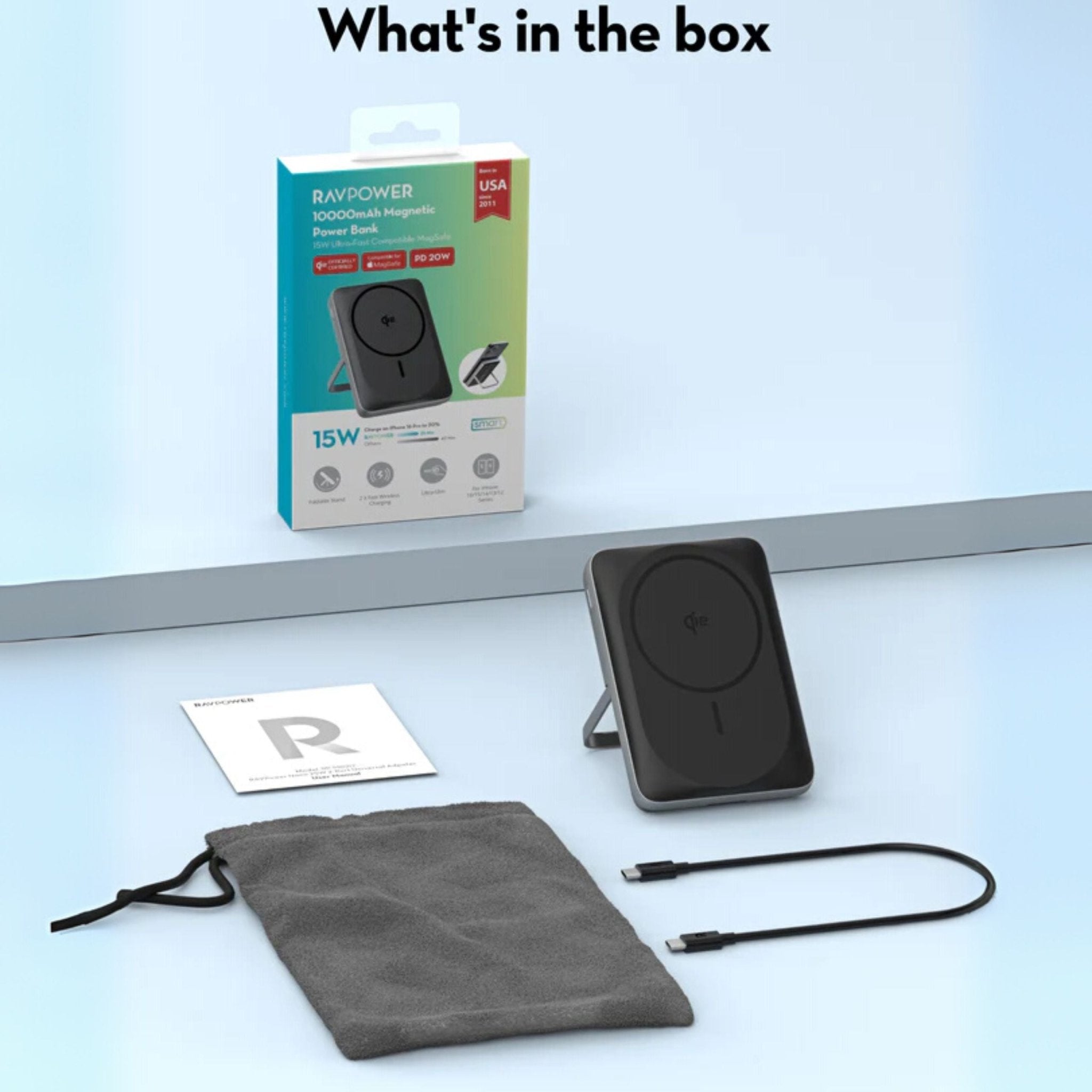 RAVPower 15W 10000mAh MagSafe Wireless Charging Power Bank with Type-C Port Stand - Black