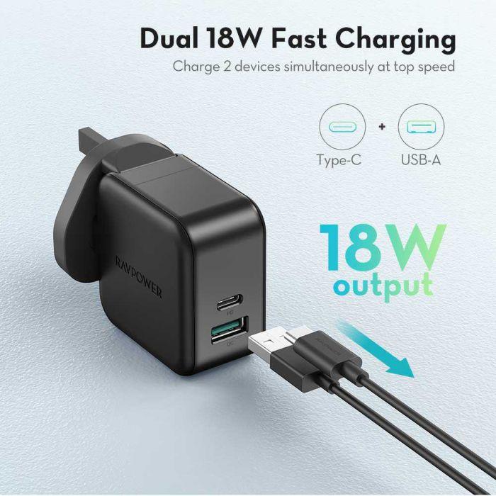 RAVPower 2-Port PD Pioneer Wall Charger 18W UK - Black