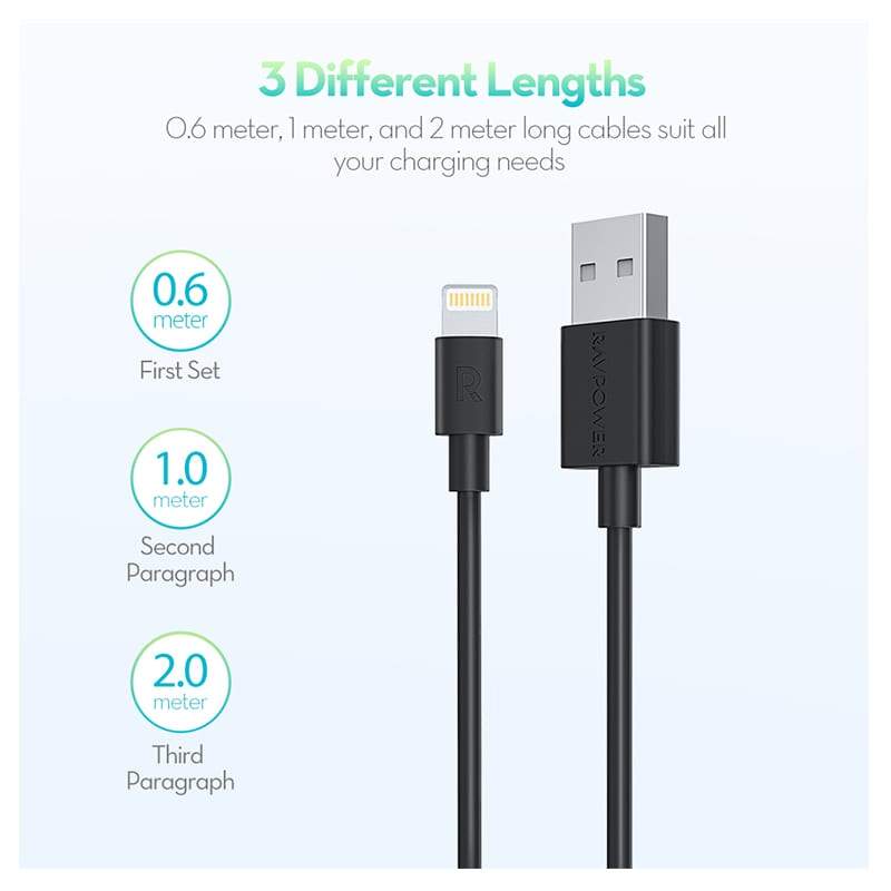 RAVPower 3-Pack USB Cable with Lightning Connector ( 0.6m / 1m / 2m ) - Black