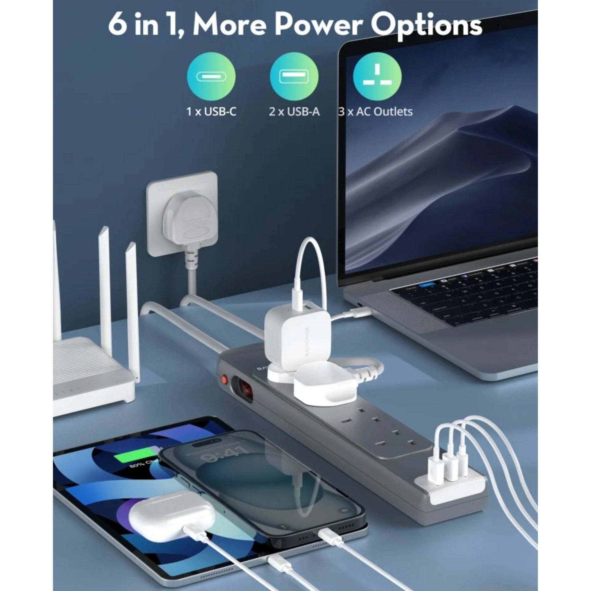 RAVPower 4-Port Power Strip with 2 USB-A Ports and 1 USB-C Port, 3M - Grey