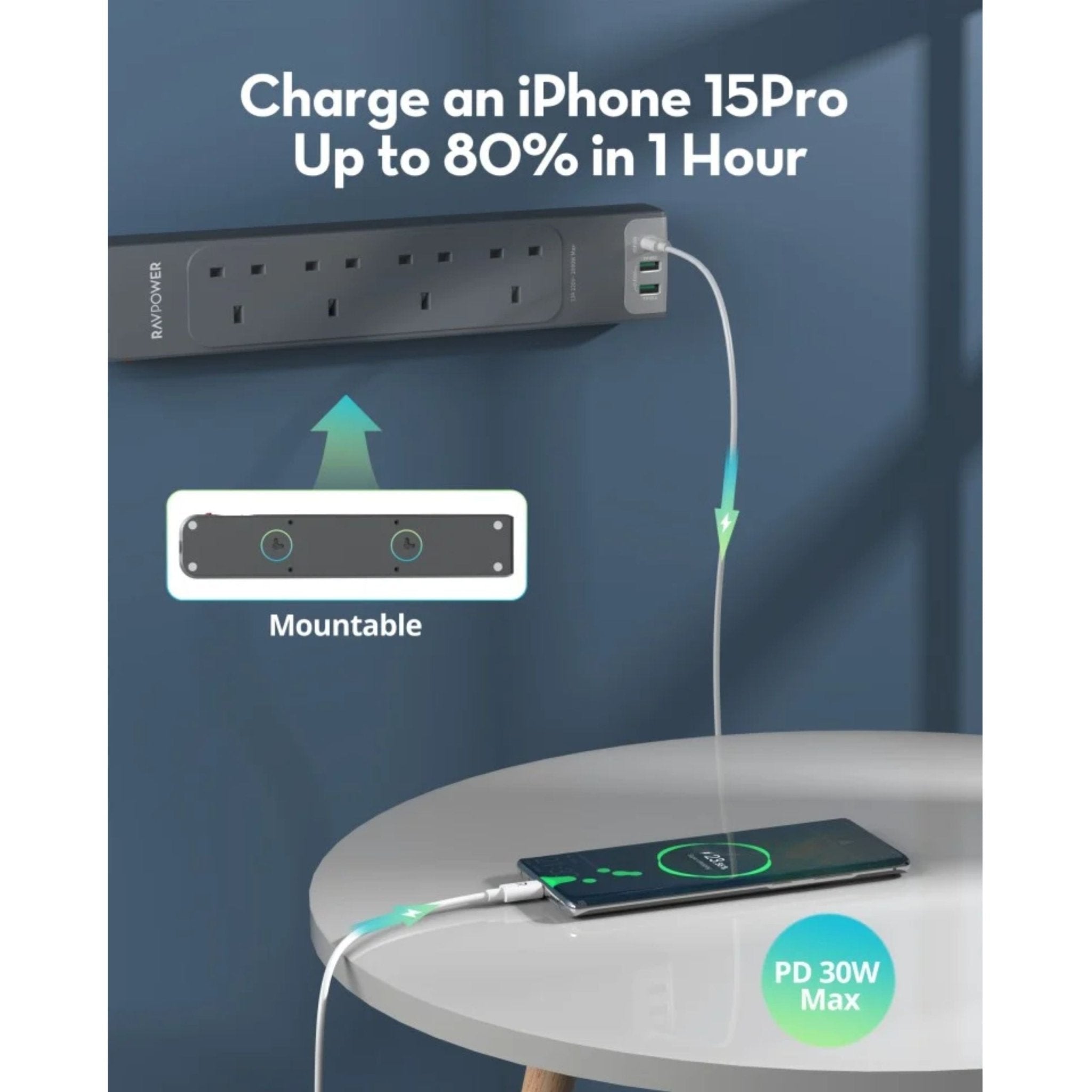 RAVPower 4-Port Power Strip with 2 USB-A Ports and 1 USB-C Port, 3M - Grey