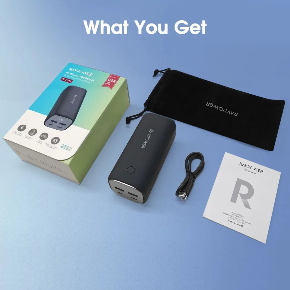 RAVPower 70W Power Bank, 20,000 mAh, 2 Type-C ports and 2 USB-A ports - Black