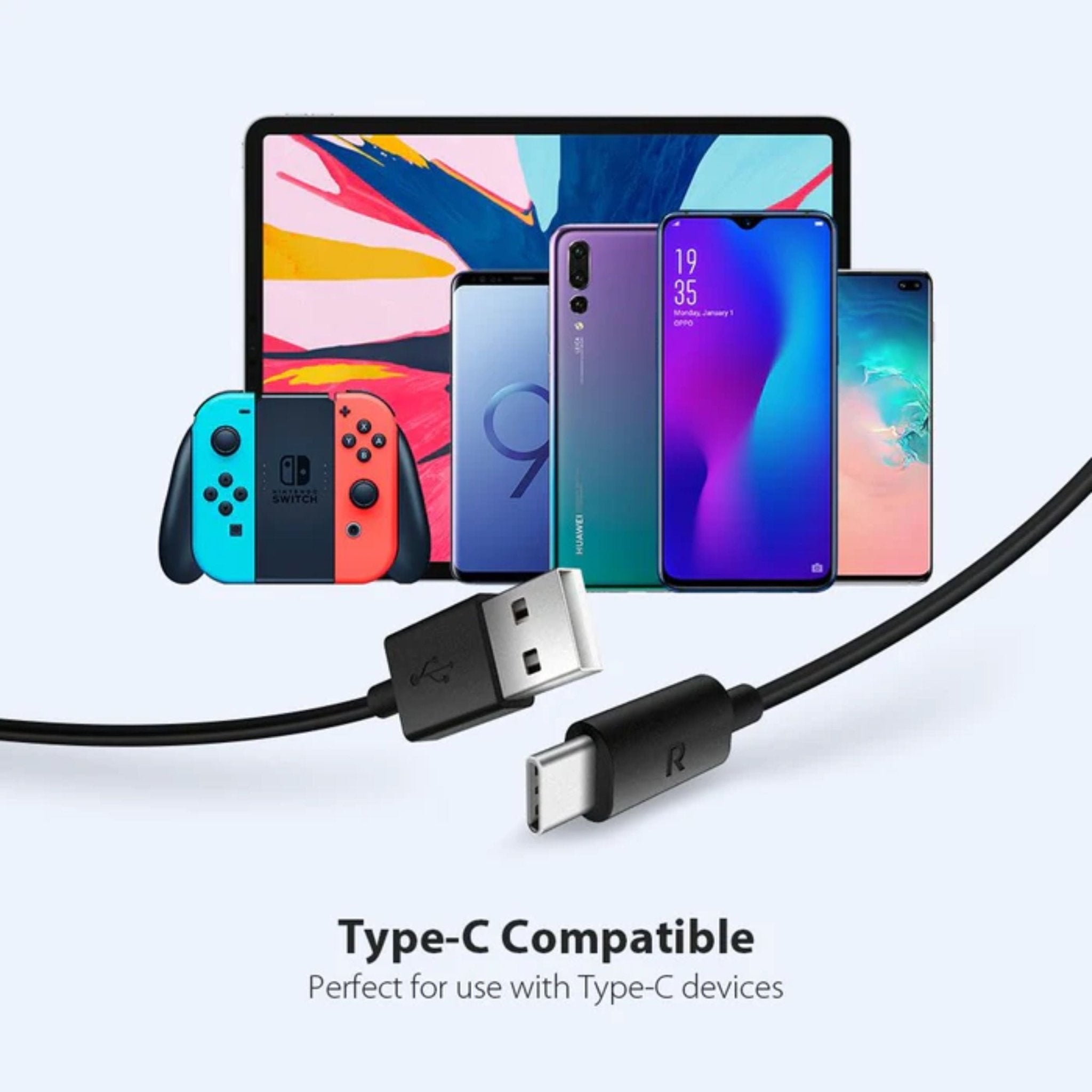 RAVPower Charge&Sync USB-A to Type-C cable 1M - Black