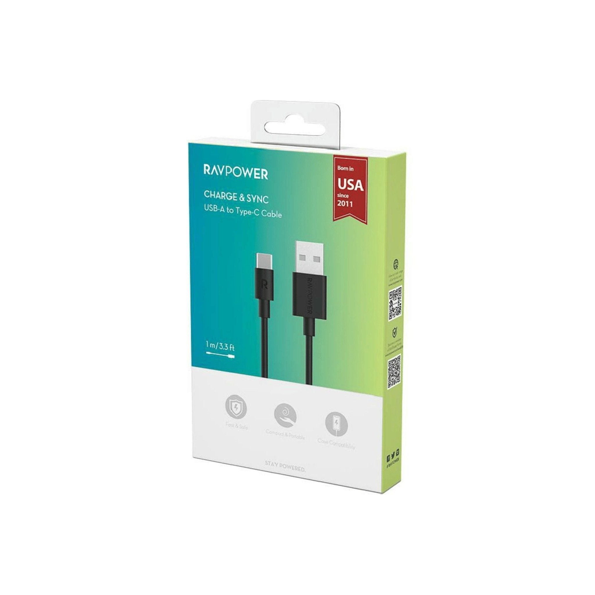 RAVPower Charge&Sync USB-A to Type-C cable 1M - Black