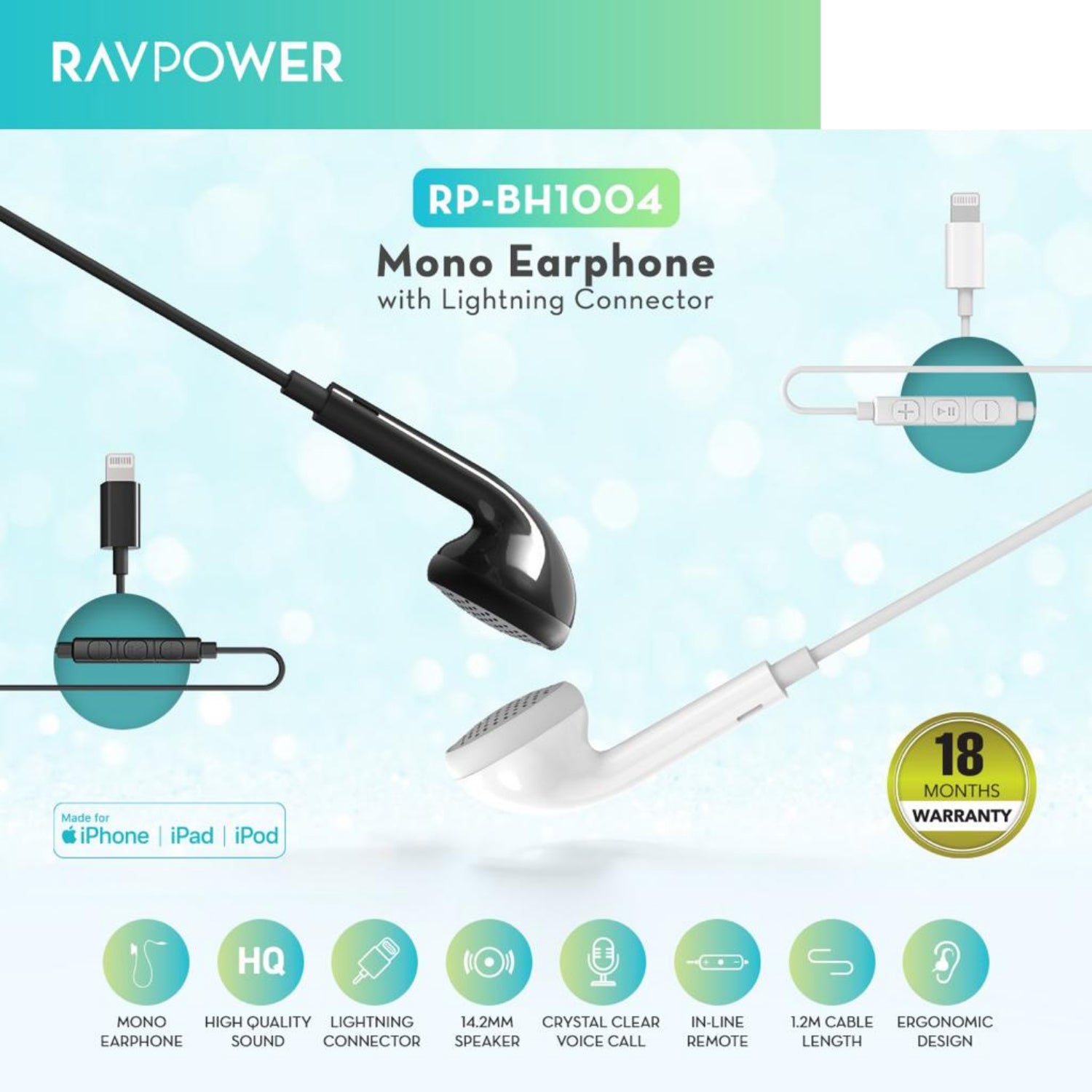 RAVPower Mono Earphone With Lightning Connector RP-BH1004