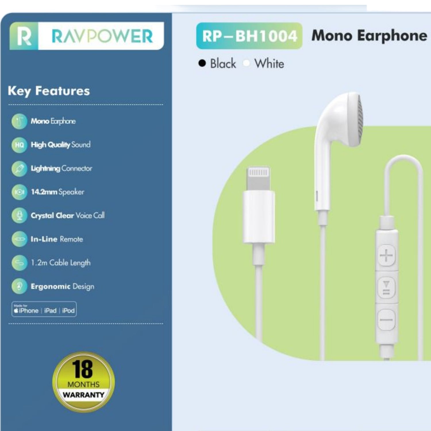 RAVPower Mono Earphone With Lightning Connector RP-BH1004
