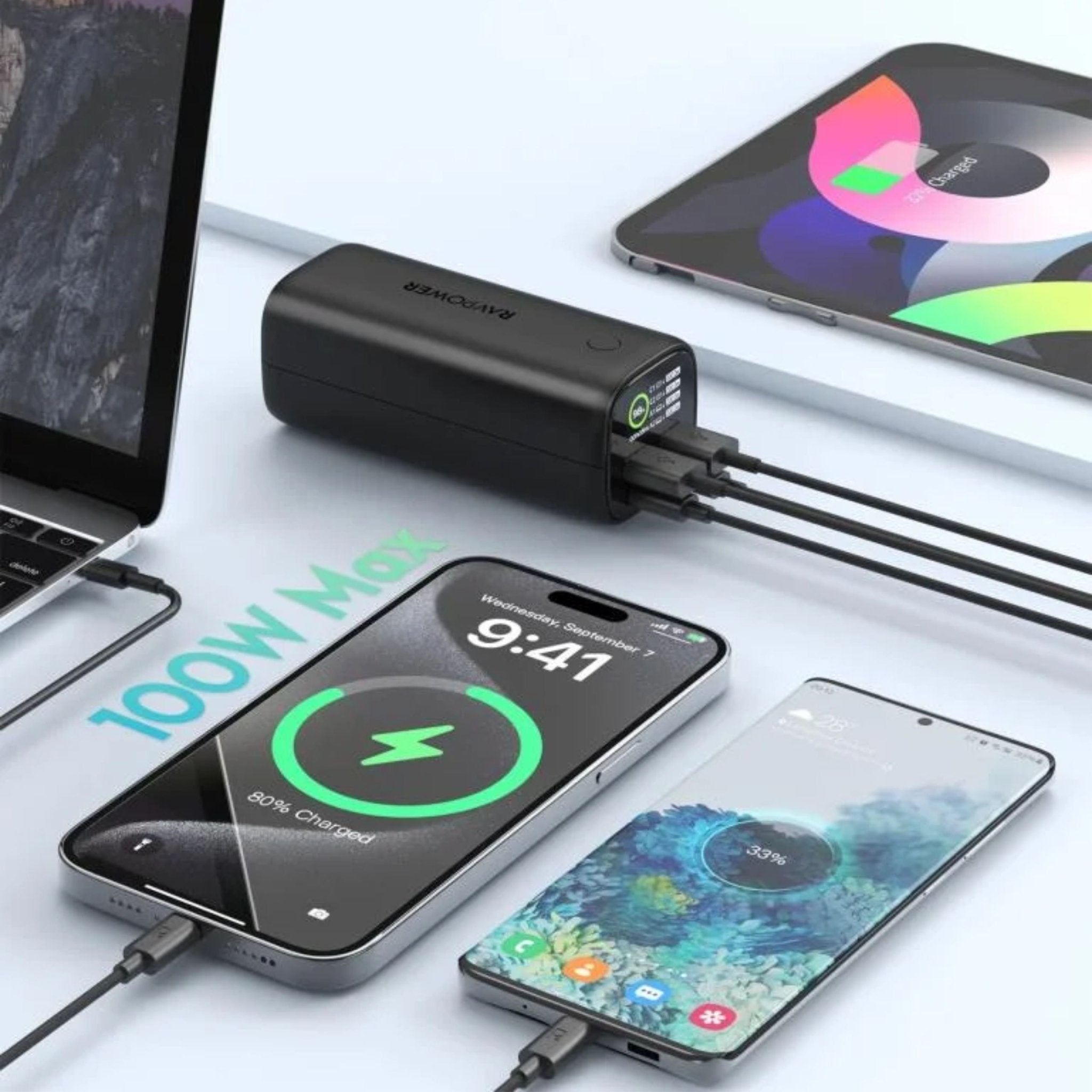 RAVPower Ultra 100W 20000mAh Portable Charger with 2 Type-C and 2 USB Ports and Display - Black