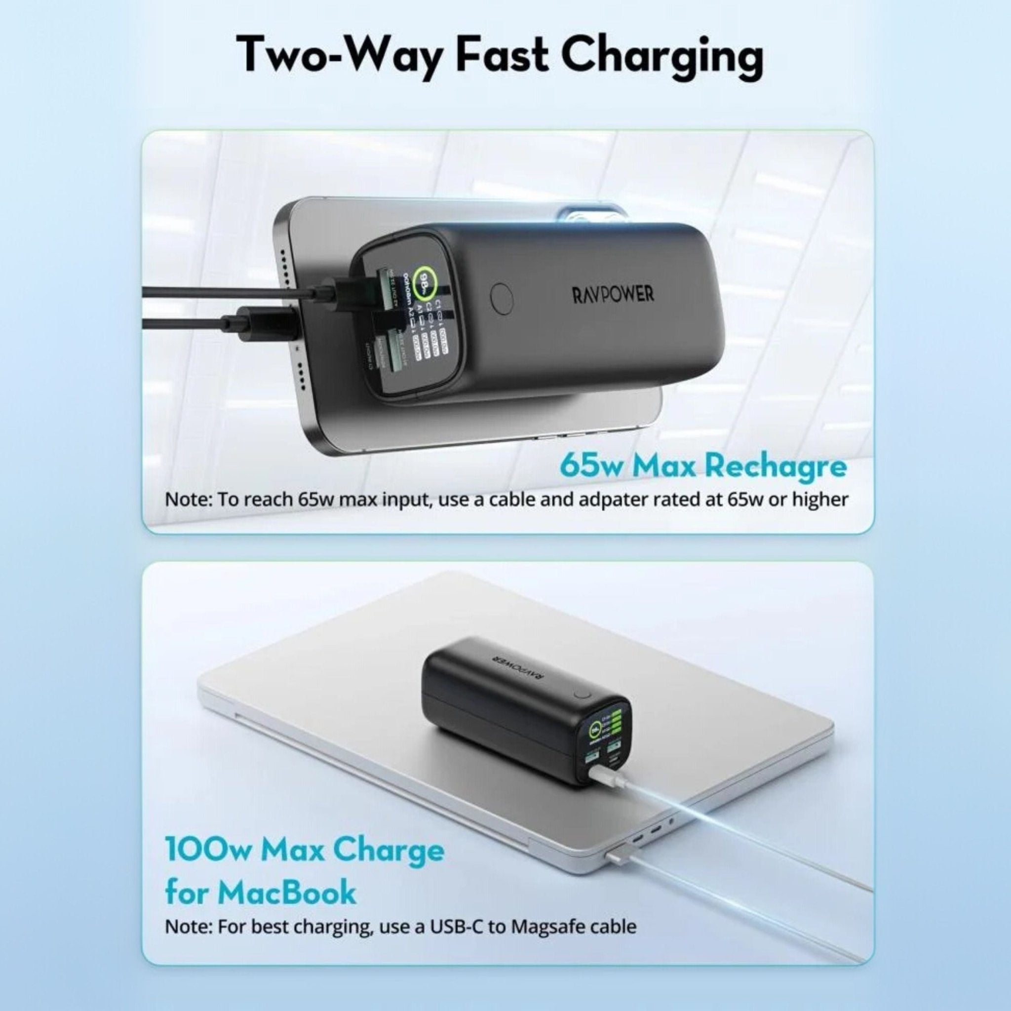 RAVPower Ultra 100W 20000mAh Portable Charger with 2 Type-C and 2 USB Ports and Display - Black
