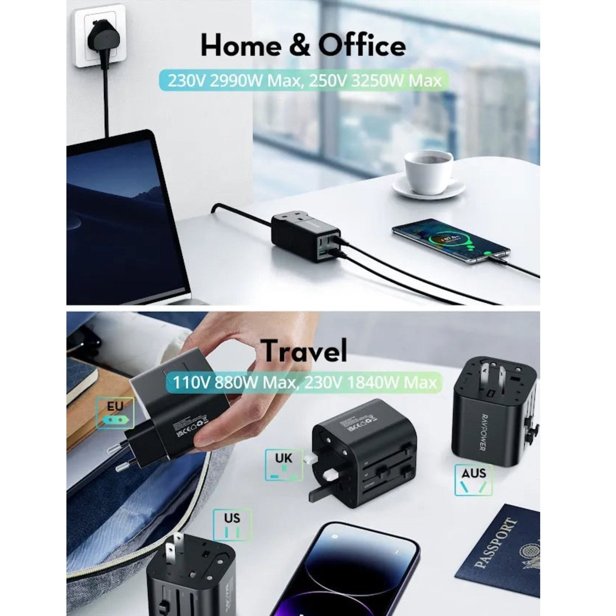RAVpower 75W Power Strip 5-Port with AC Outlets UK plug + Travel Charger Adapter - Black