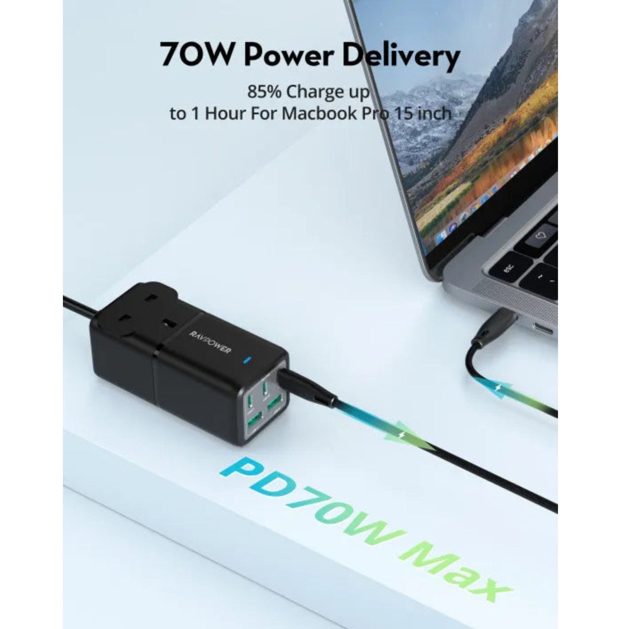 RAVpower 75W Power Strip 5-Port with AC Outlets UK plug + Travel Charger Adapter - Black