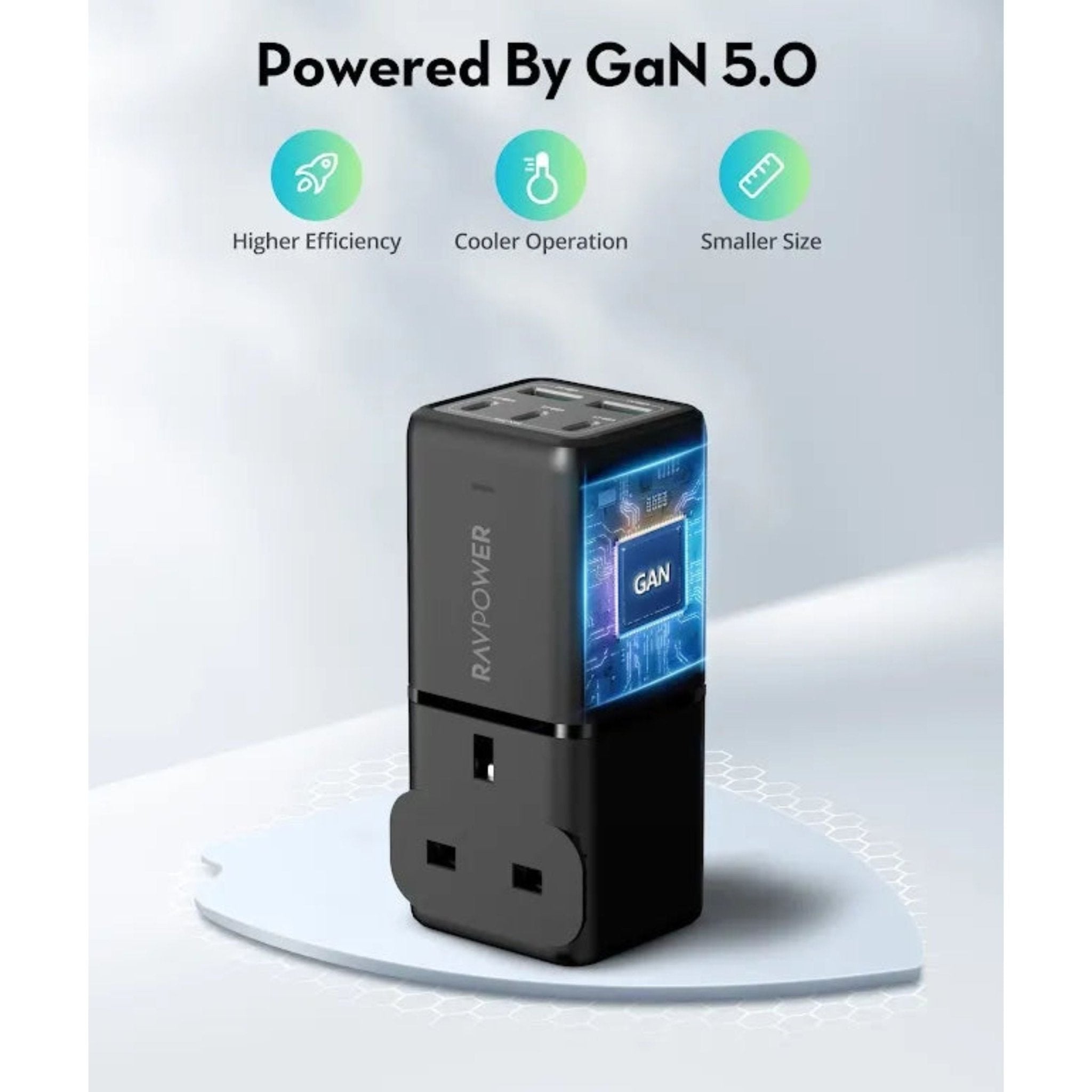 RAVpower 75W Power Strip 5-Port with AC Outlets UK plug + Travel Charger Adapter - Black