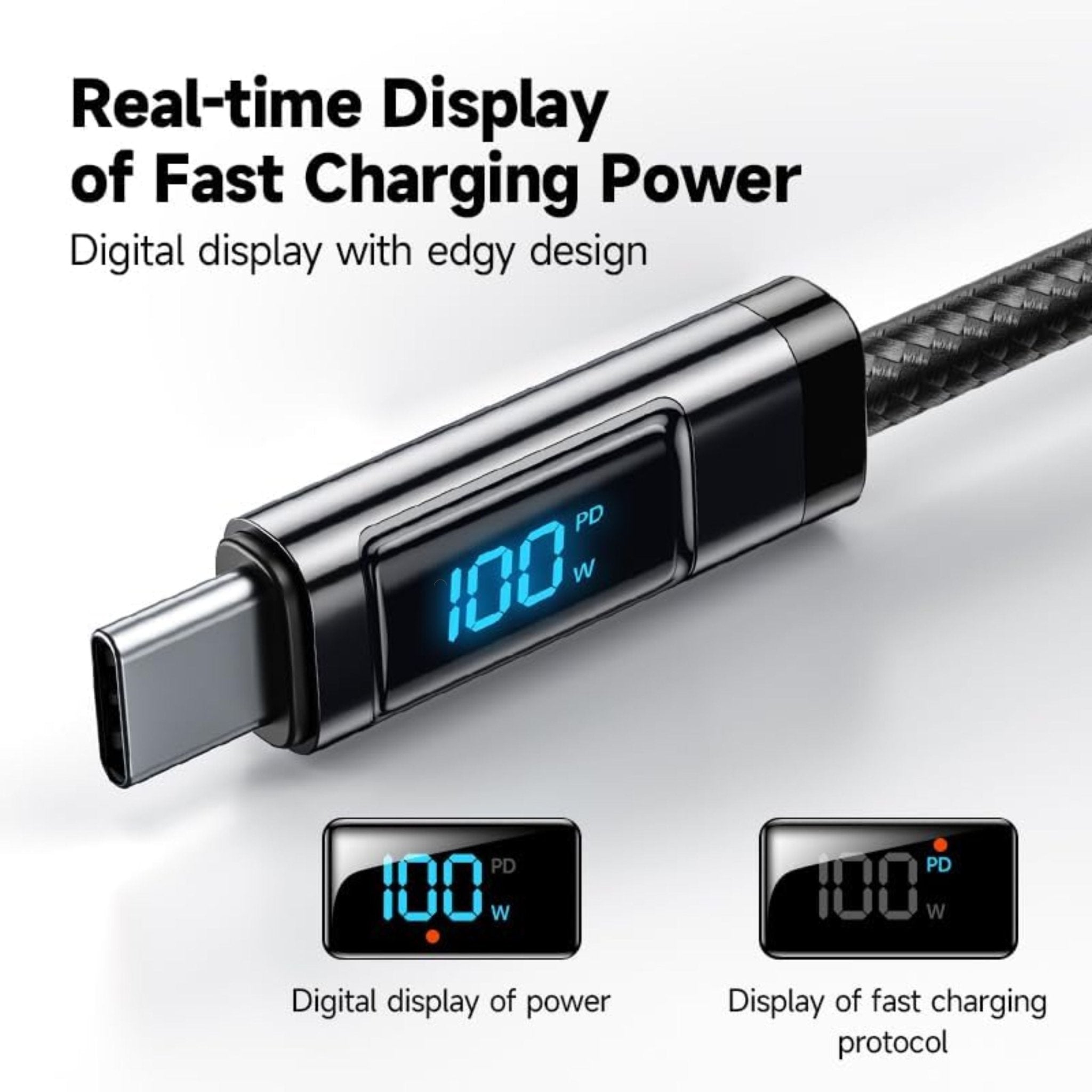 ROMOSS CB323S USB-C to USB-C Digital Display Fast Charging Nylon Braided Cable 1M (100W) - Black