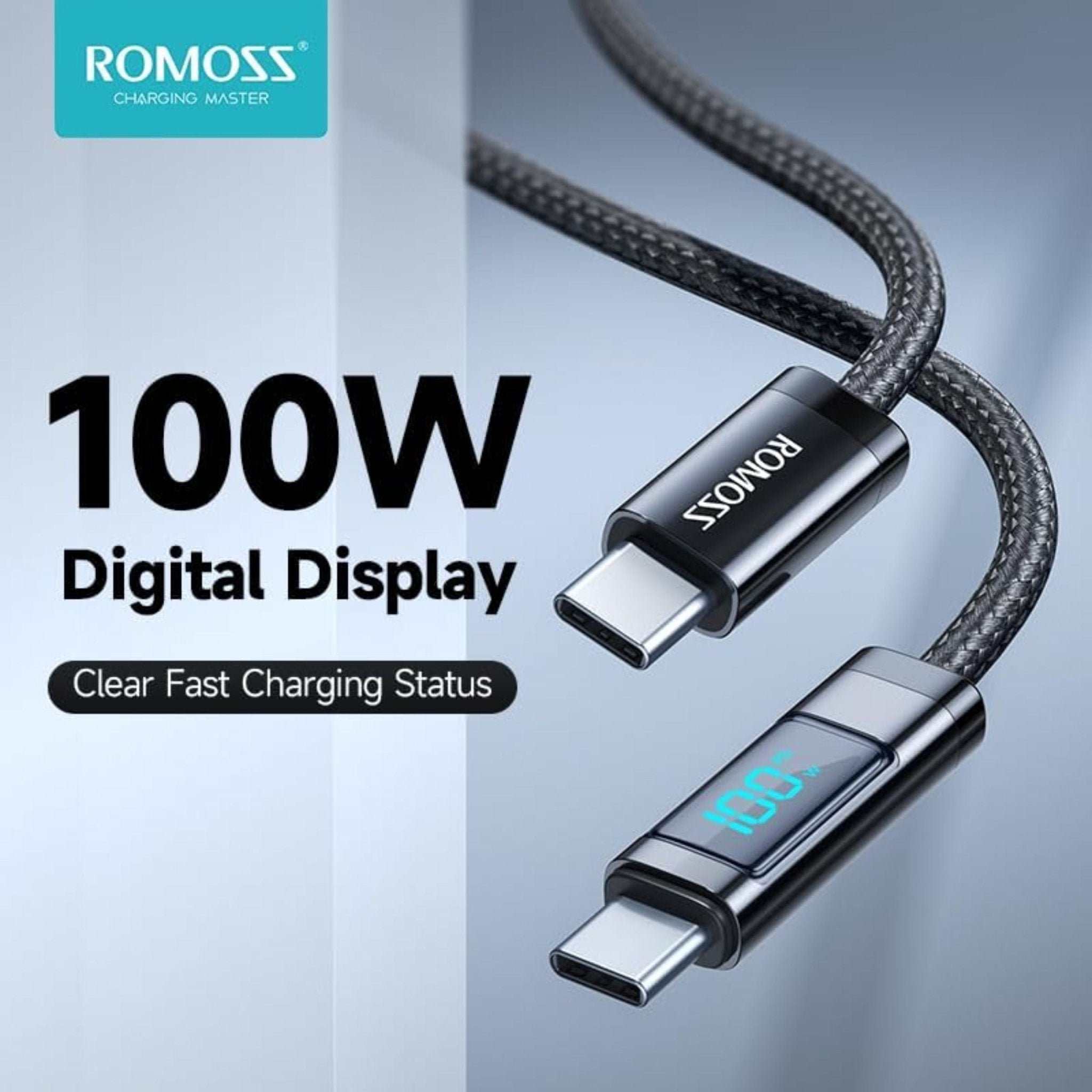 ROMOSS CB323S USB-C to USB-C Digital Display Fast Charging Nylon Braided Cable 1M (100W) - Black