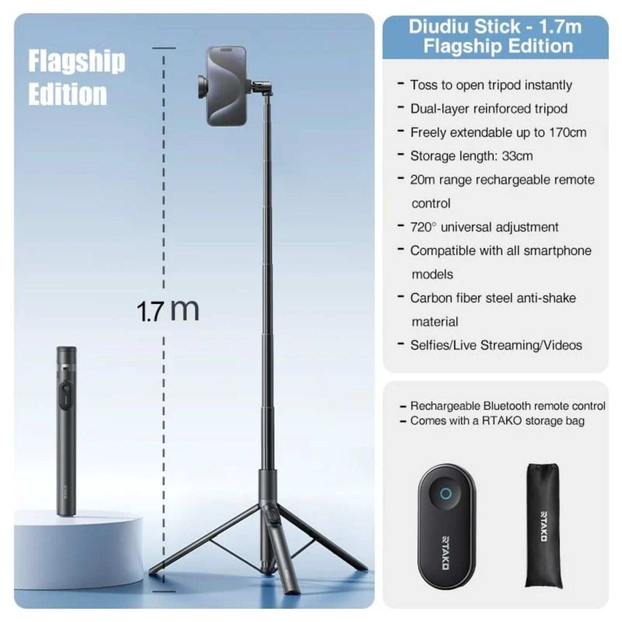 RTAKO Foldable Selfie Stick With Extendable Tripod AB226 - Black