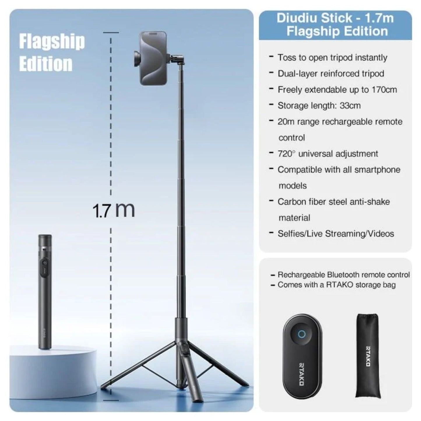 RTAKO Foldable Selfie Stick With Extendable Tripod AB226 - Black