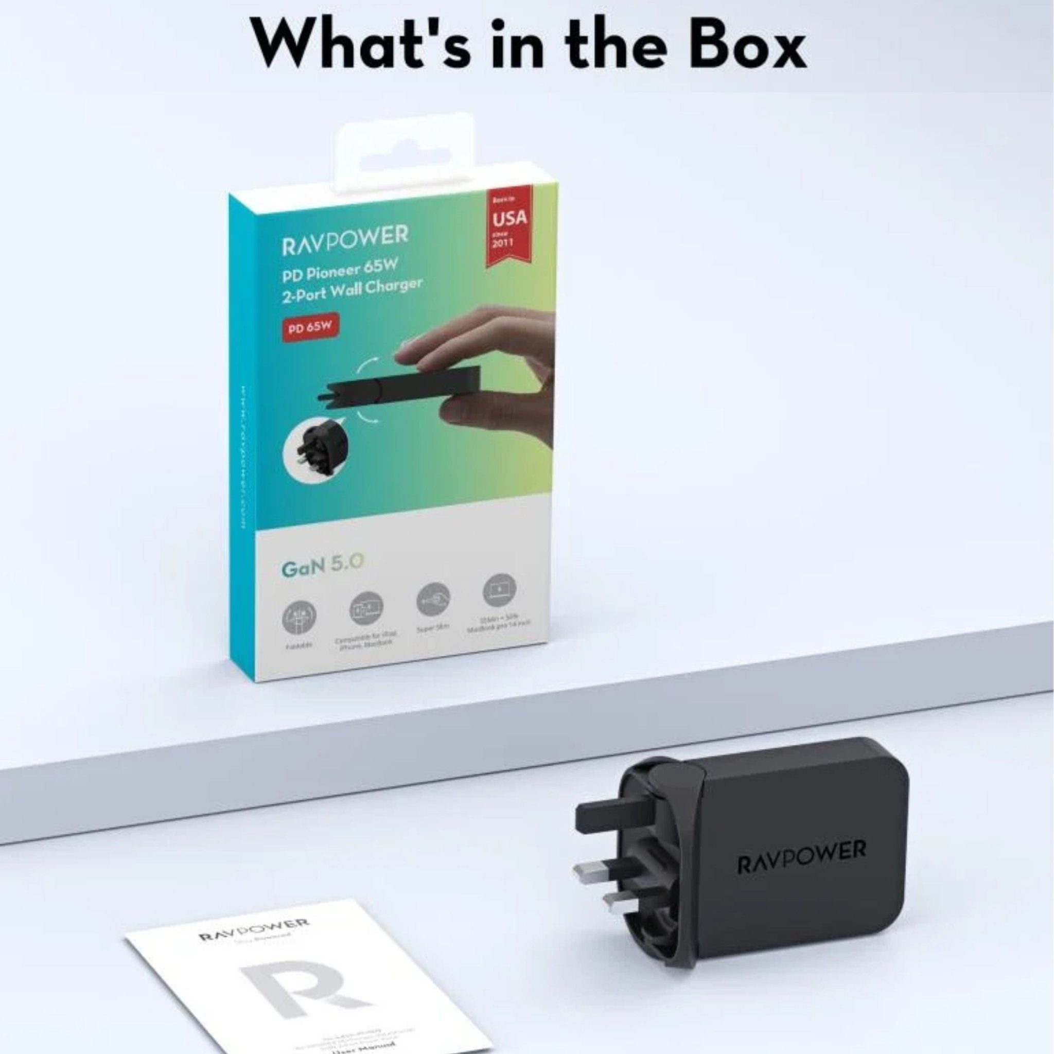 RAVPower 65W Slim Wall Charger with 2 Type-C Ports - Black