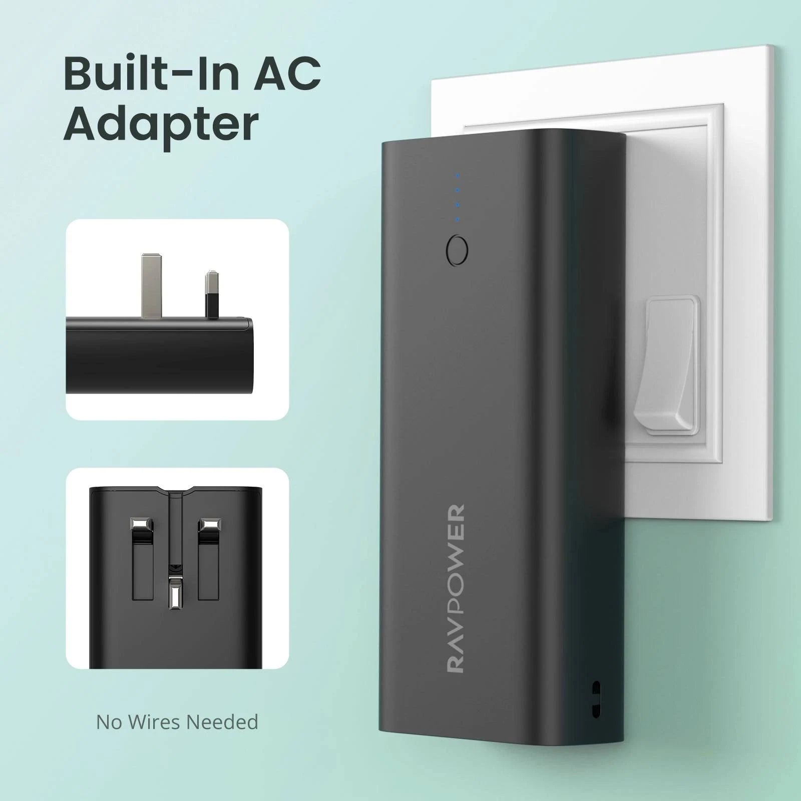 RavPower RP-PB243 10000mAh 3-Ports With Power Bank UK Plug - Black