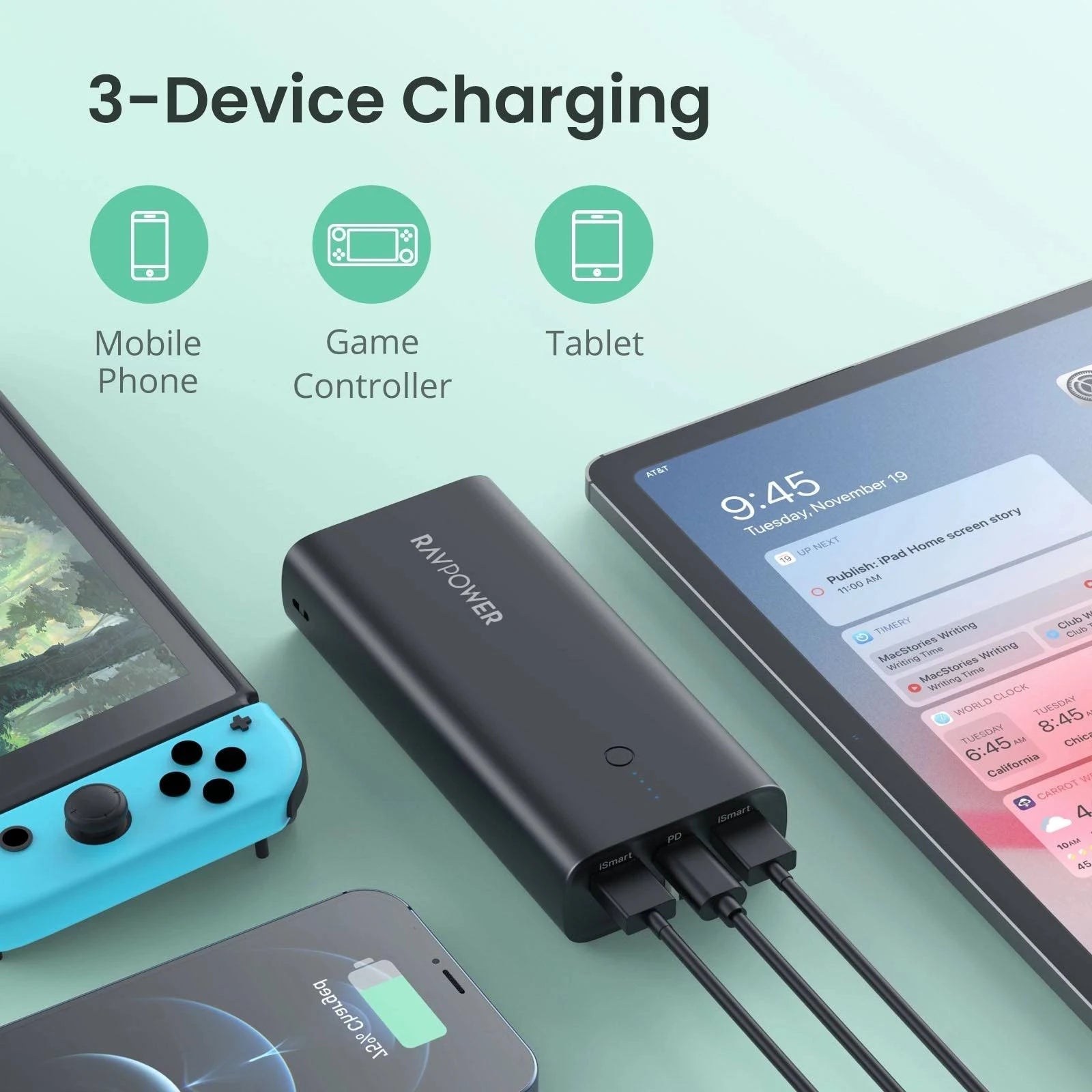 RavPower RP-PB243 10000mAh 3-Ports With Power Bank UK Plug - Black