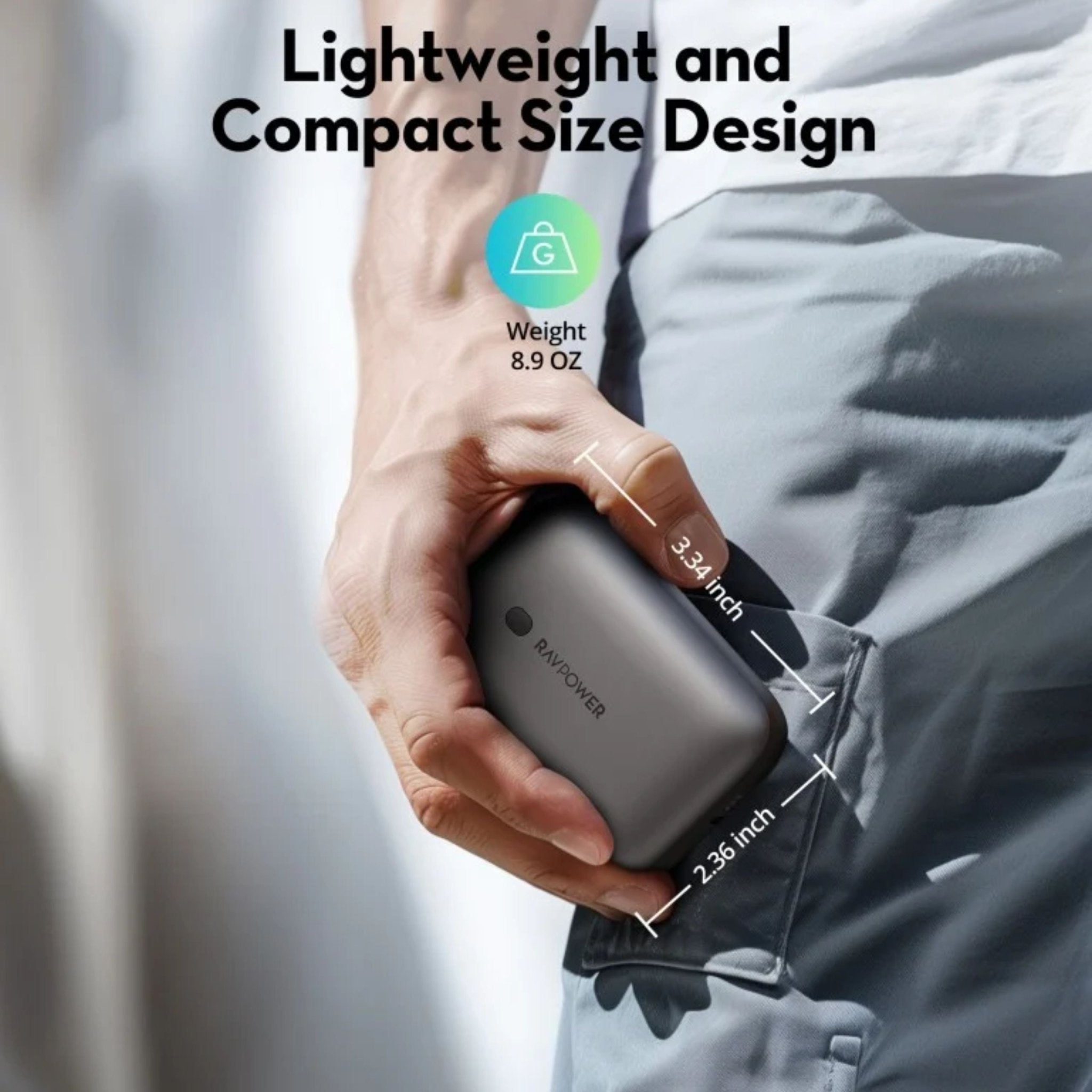Ravpower 20W Power Bank, 10,000mAh with built-in Type-C cable, Type-C port, and USB port - Black