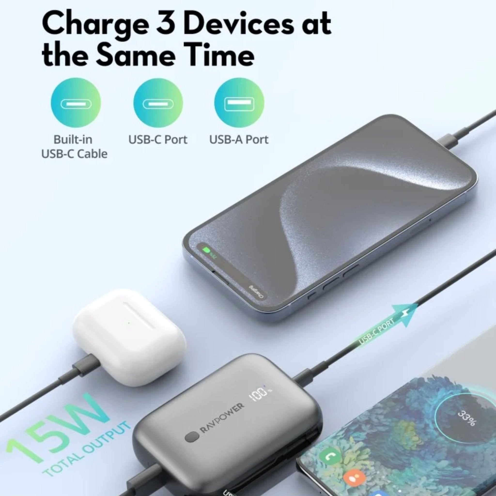 Ravpower 20W Power Bank, 10,000mAh with built-in Type-C cable, Type-C port, and USB port - Black