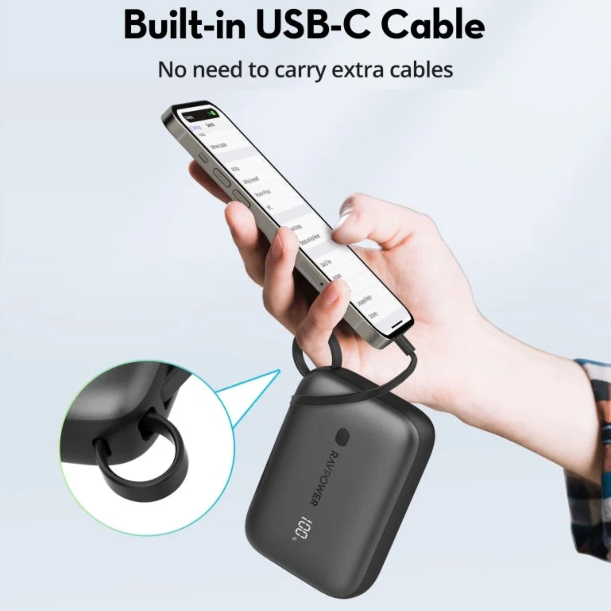 Ravpower 20W Power Bank, 10,000mAh with built-in Type-C cable, Type-C port, and USB port - Black