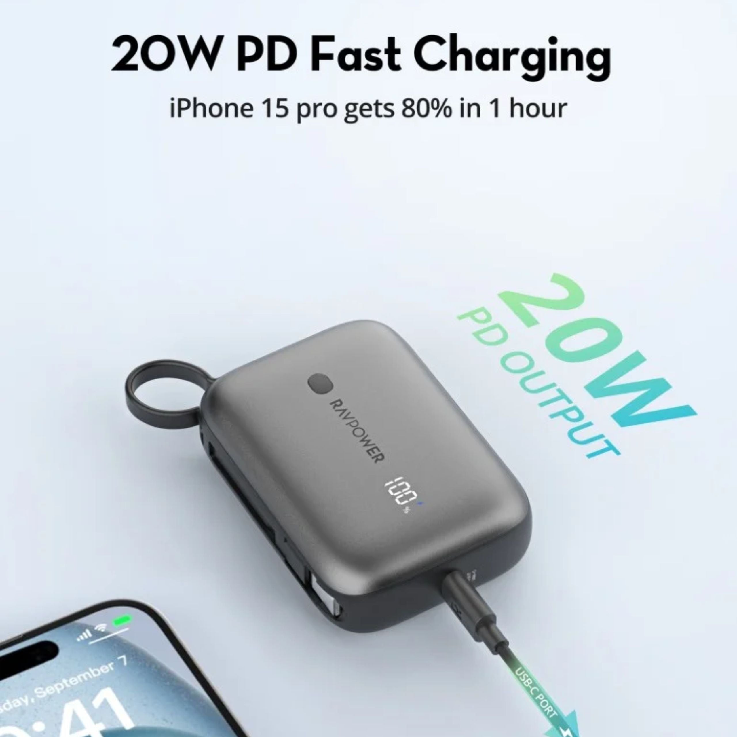 Ravpower 20W Power Bank, 10,000mAh with built-in Type-C cable, Type-C port, and USB port - Black