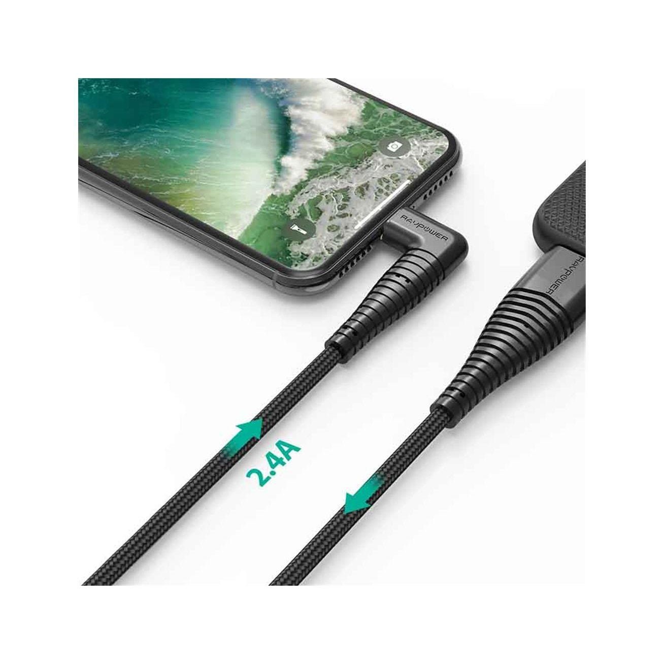 Ravpower Lightning Cable Nylon Yarn Braided 90° Connector 3ft 0.9m - black