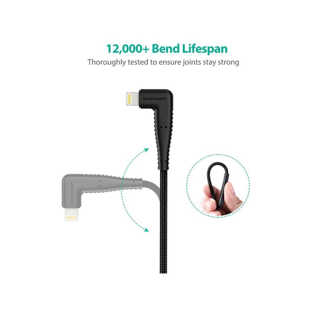 Ravpower Lightning Cable Nylon Yarn Braided 90° Connector 3ft 0.9m - black